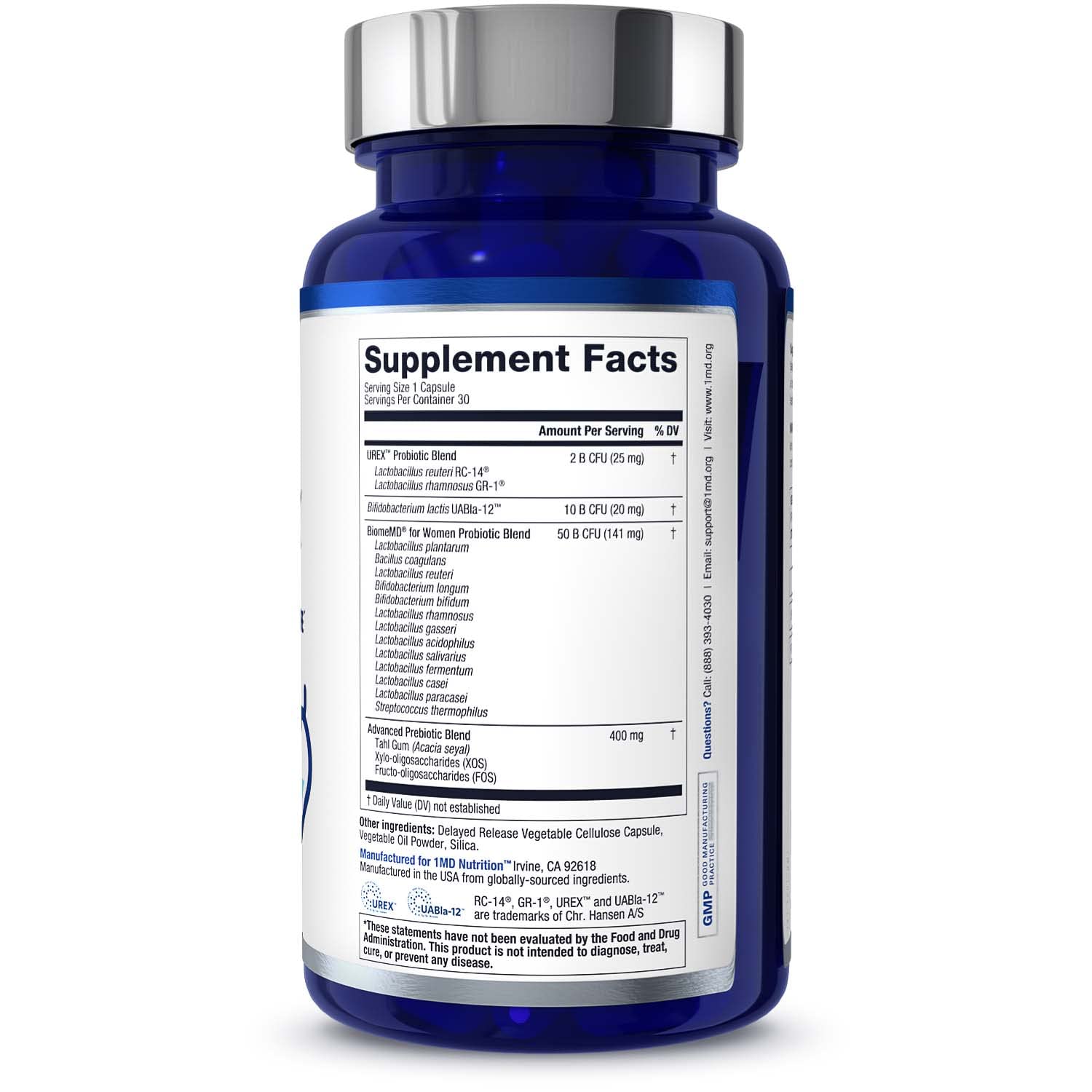 1MD Nutrition etiqueta con lista de cepas e ingredientes para transparencia
