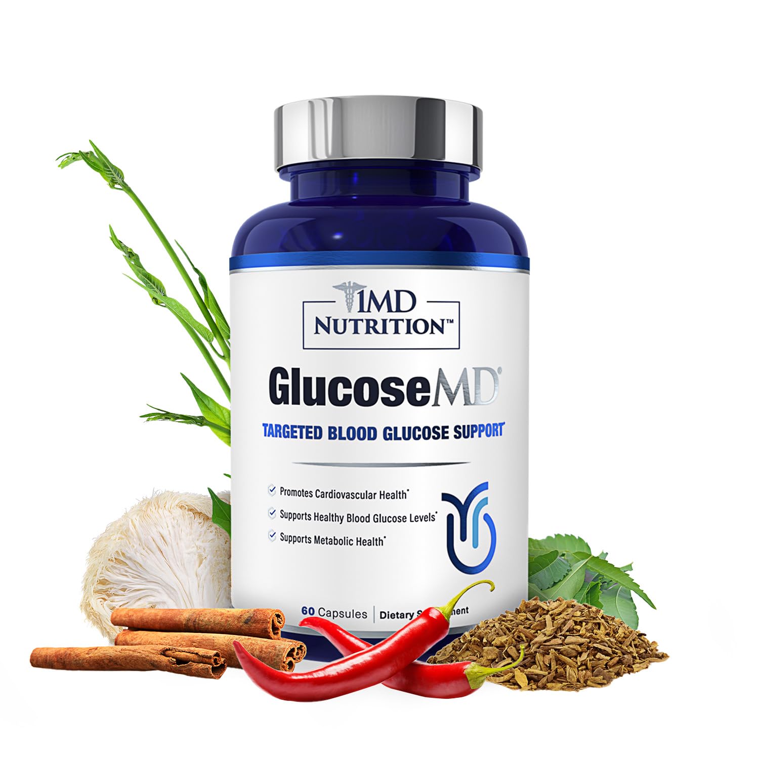 1MD Nutrition frasco frontal mostrando la etiqueta y facilidad de identificación