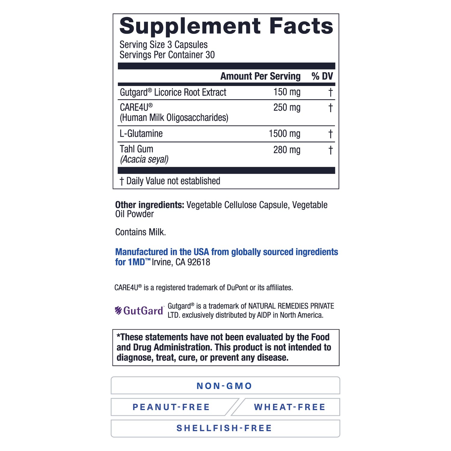 1MD Nutrition etiqueta con lista de ingredientes y detalles