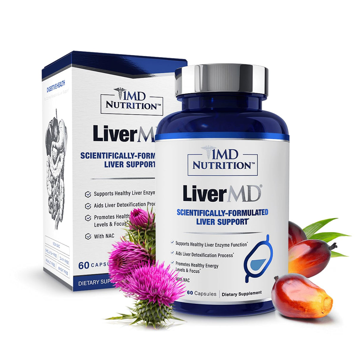1MD Nutrition frasco frontal de LiverMD mostrando etiqueta y beneficio de apoyo hepático