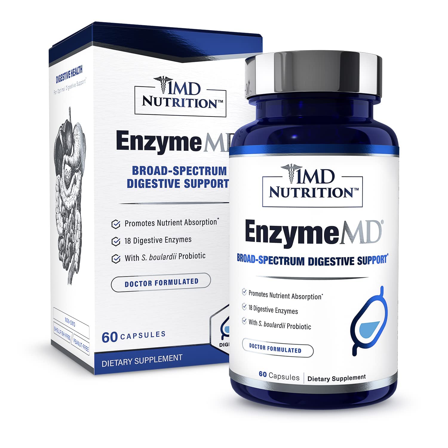 1MD Nutrition frente del empaque mostrando la marca y beneficios digestivos