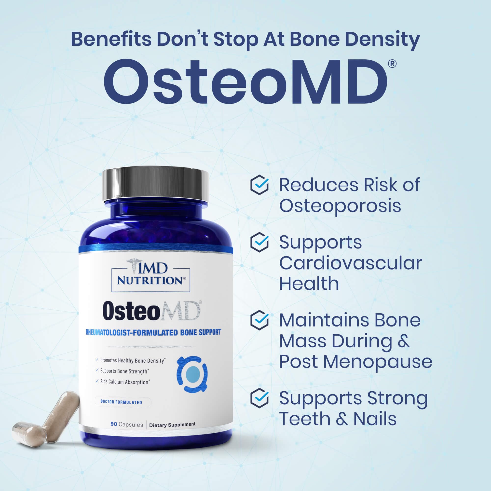 Escena de estilo de vida activo con persona caminando y frasco de OsteoMD, 1MD Nutrition apoya vitalidad