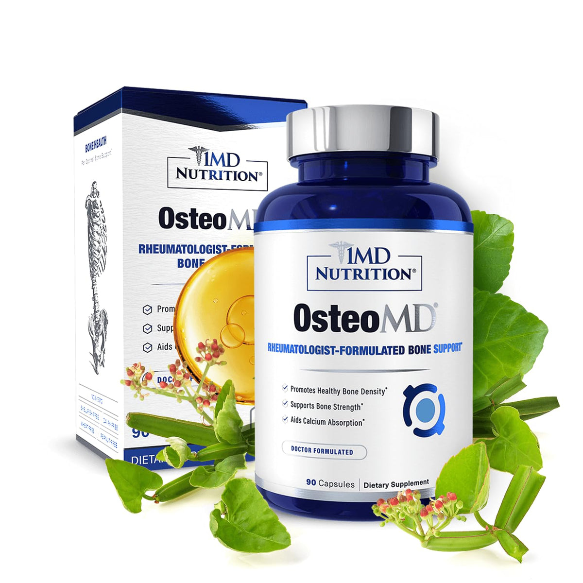 1MD Nutrition frasco frontal mostrando OsteoMD y etiqueta clara para identificar producto