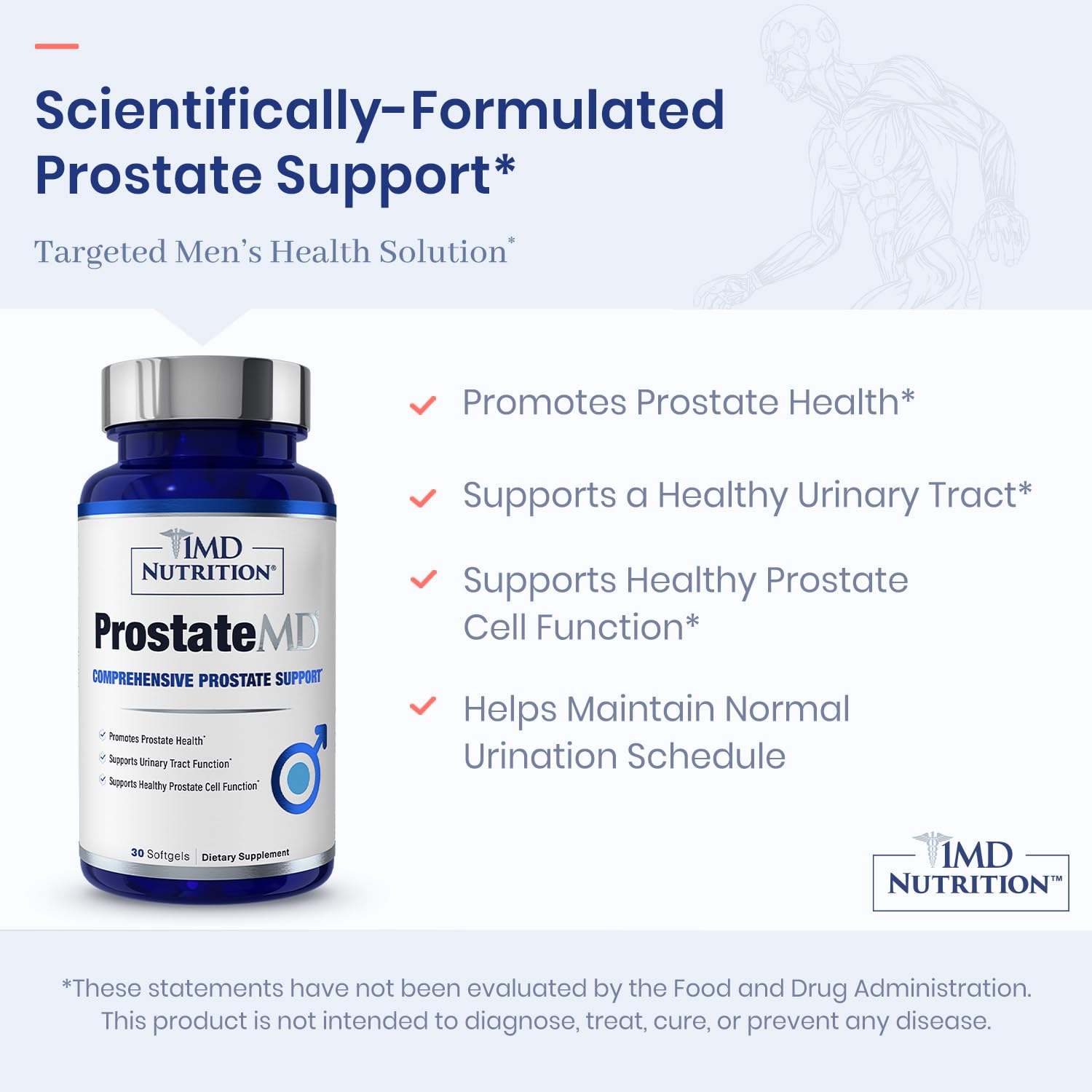 1MD Nutrition varias cápsulas ProstateMD sobre superficie mostrando formato y color