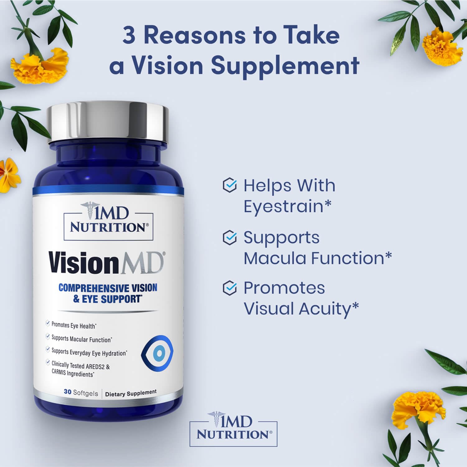 1MD Nutrition primer plano de softgel VisionMD con textura y fácil ingestión
