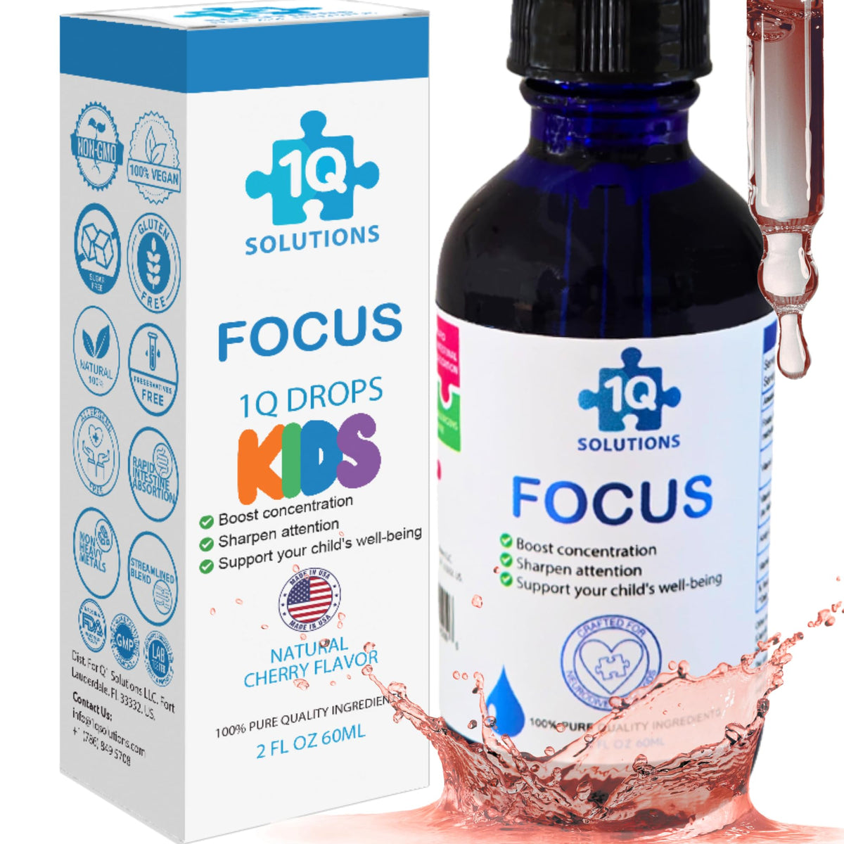 1Q Focus frente del empaque mostrando botella y dosis, claridad para padres