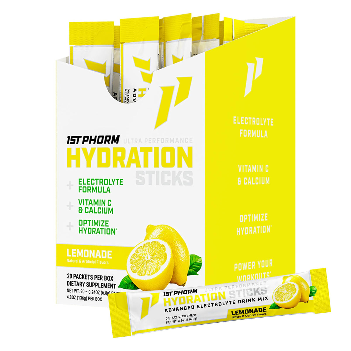 1st Phorm frente del empaque limonada mostrando 20 sobres y beneficio conveniencia