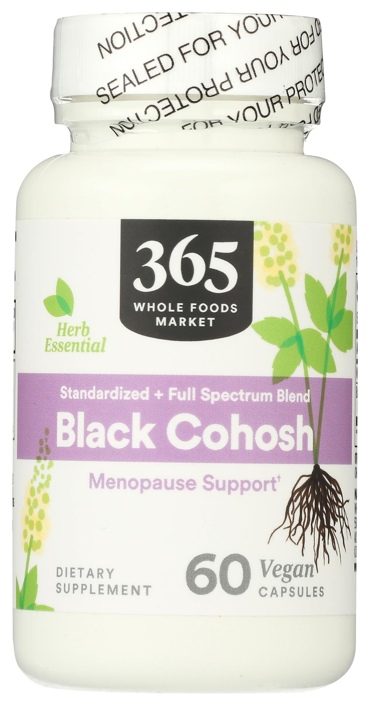 365 by Whole Foods Market frasco de Black Cohosh mostrando el frente y beneficios de transparencia