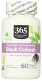 365 by Whole Foods Market frasco de Black Cohosh mostrando el frente y beneficios de transparencia