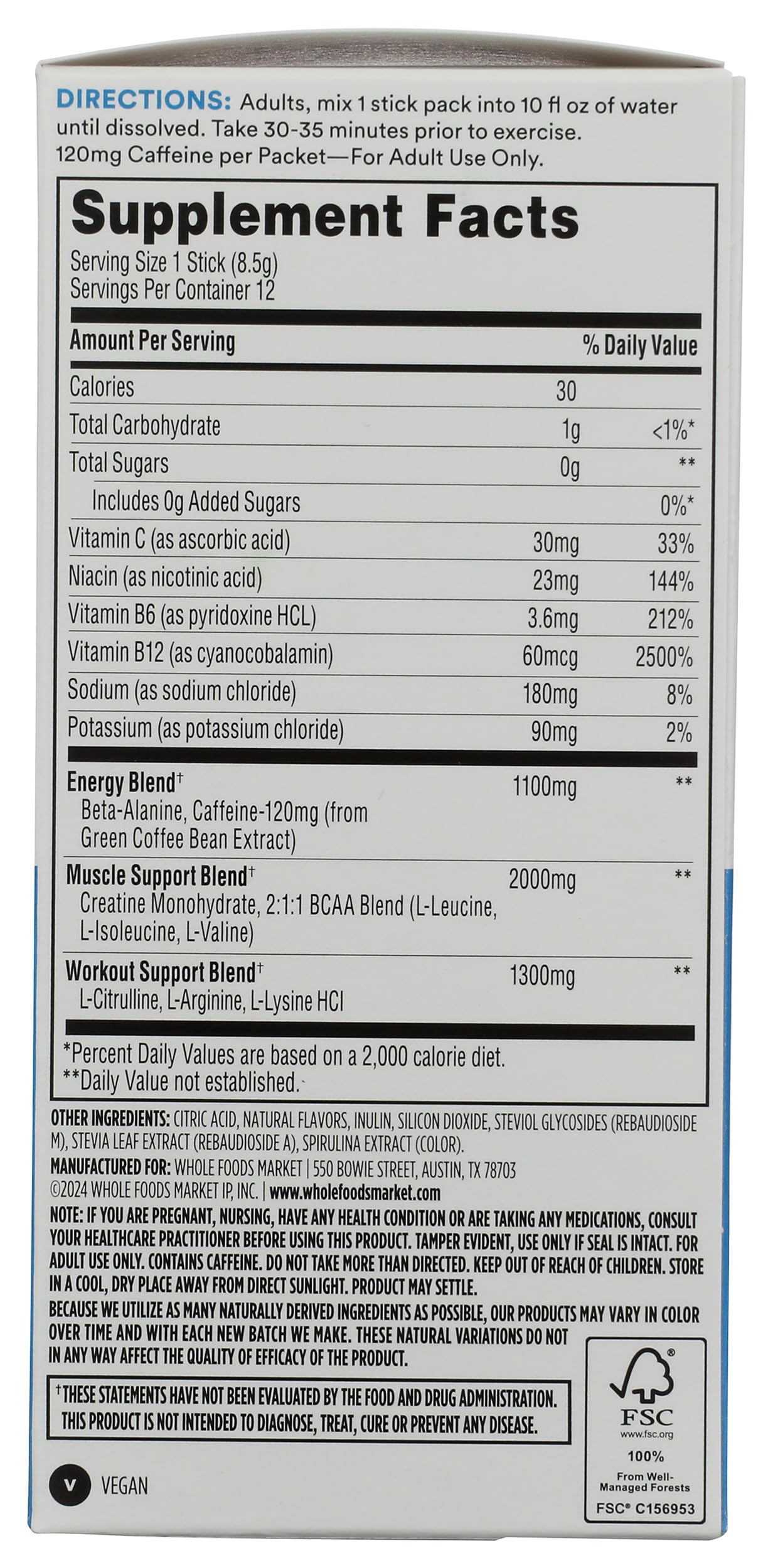 365 by Whole Foods Market etiqueta nutricional mostrando información de cafeína y BCAA