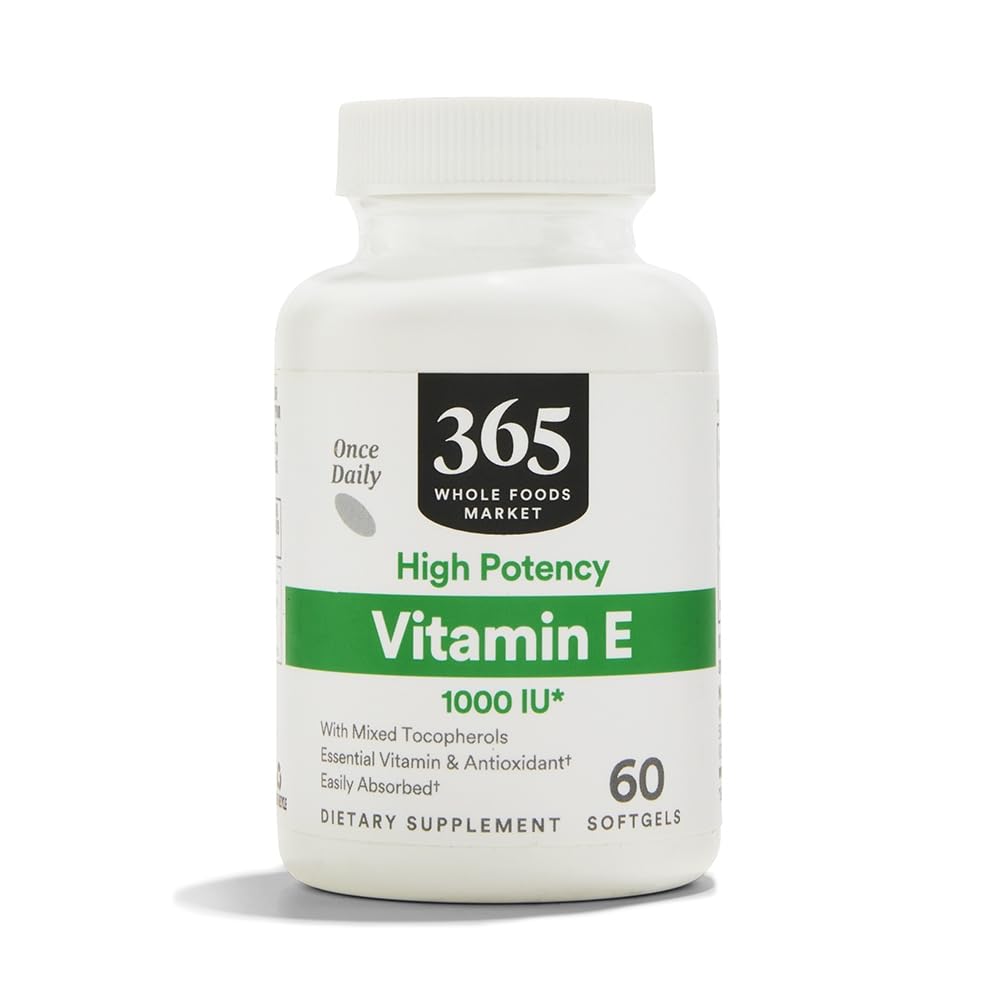 365 by Whole Foods Market frasco frontal de Vitamina E 1000 IU con diseño claro y beneficio de dosis alta