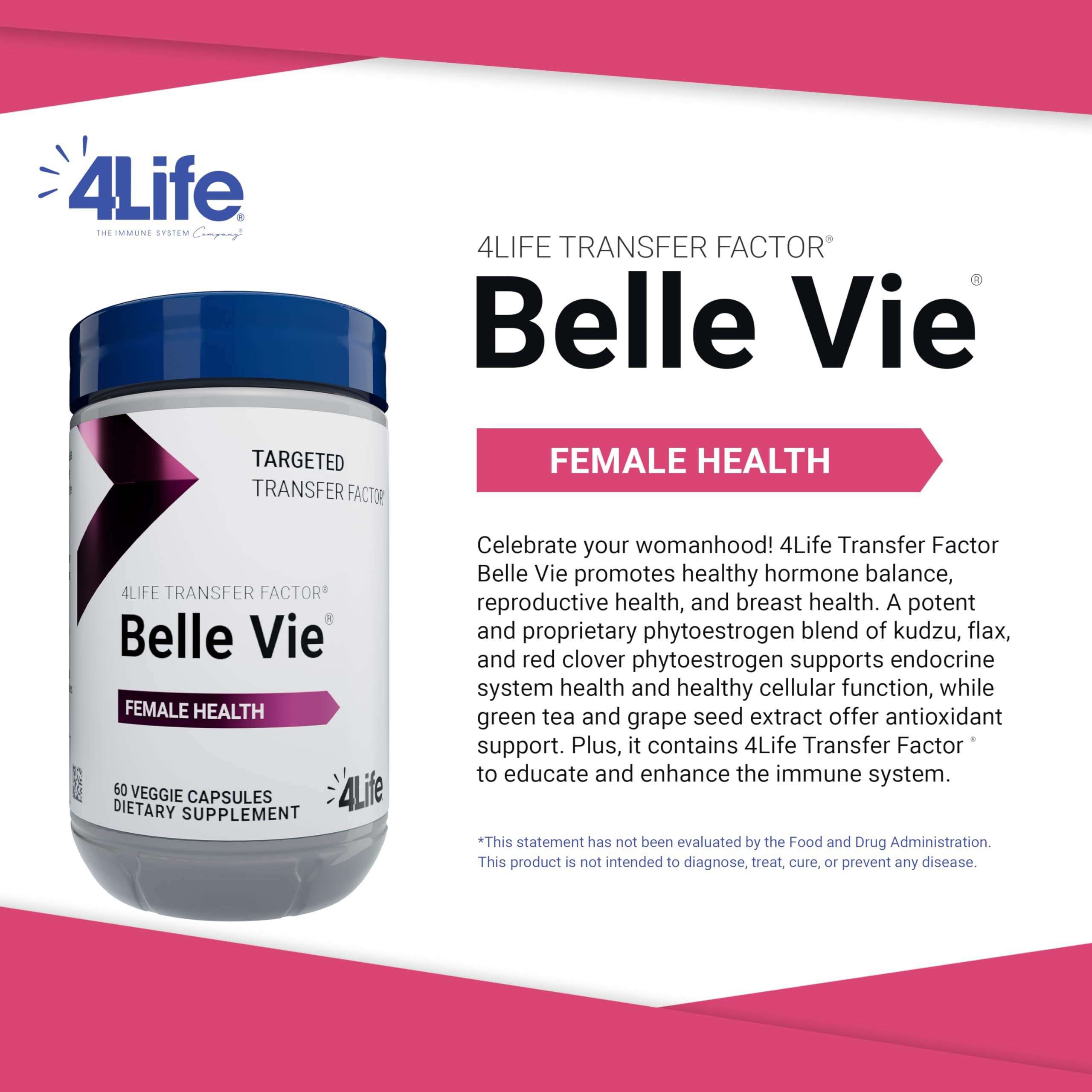 4Life Belle Vie ingredientes naturales como kudzu, lino y trébol rojo visibles