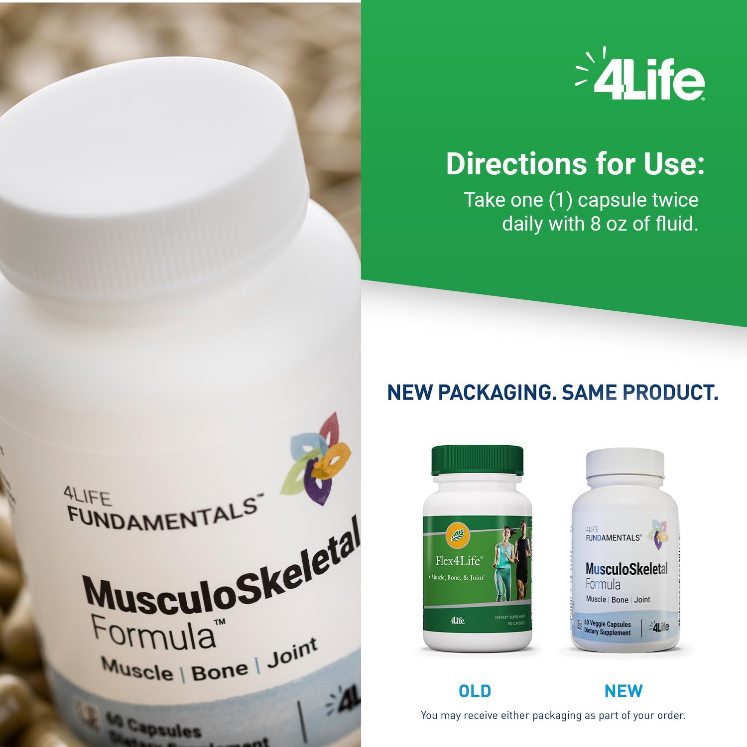 4Life botella en mano para comparar tamaño y control de dosis