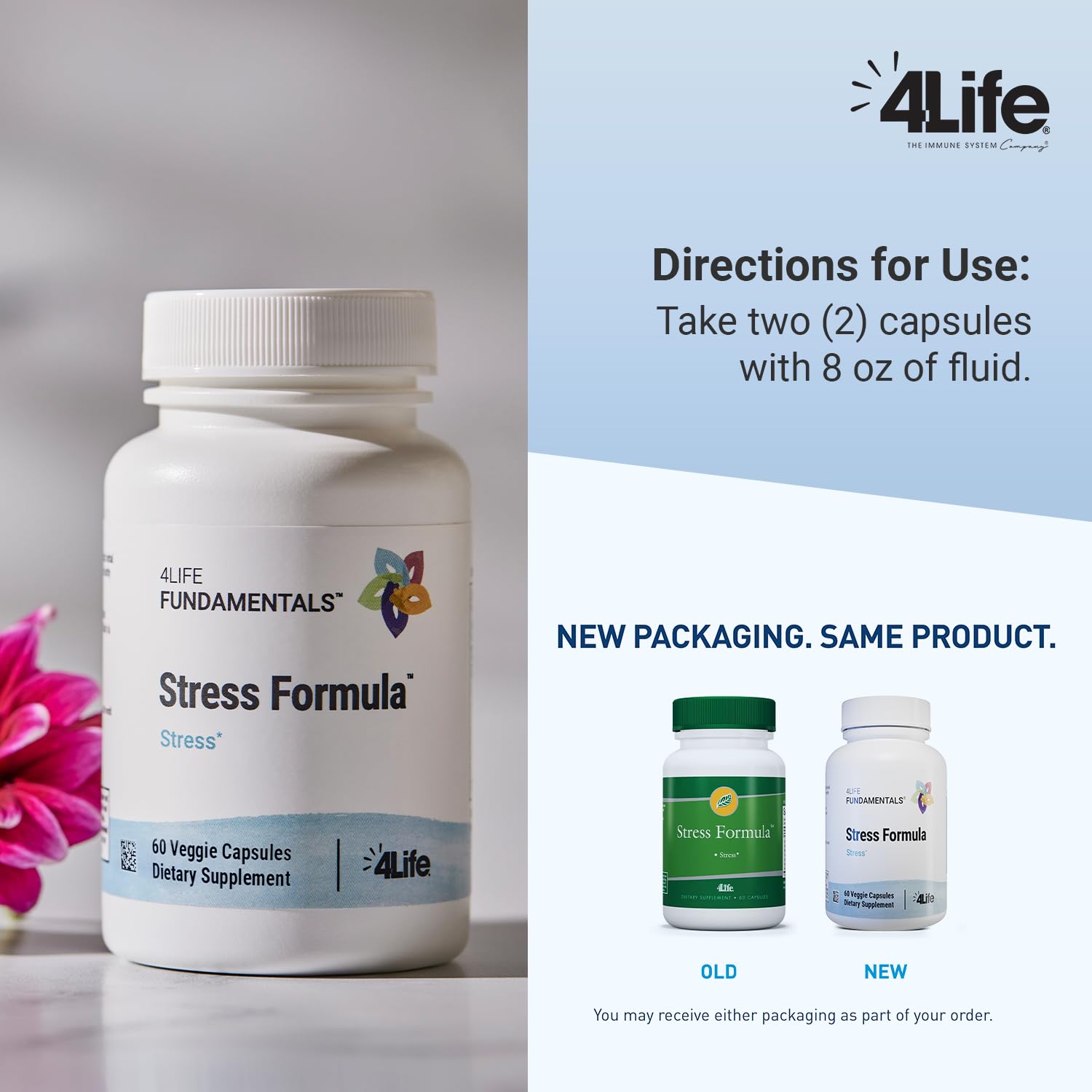 Comparación de tamaño de las cápsulas 4Life Stress Formula junto a una moneda para referencia