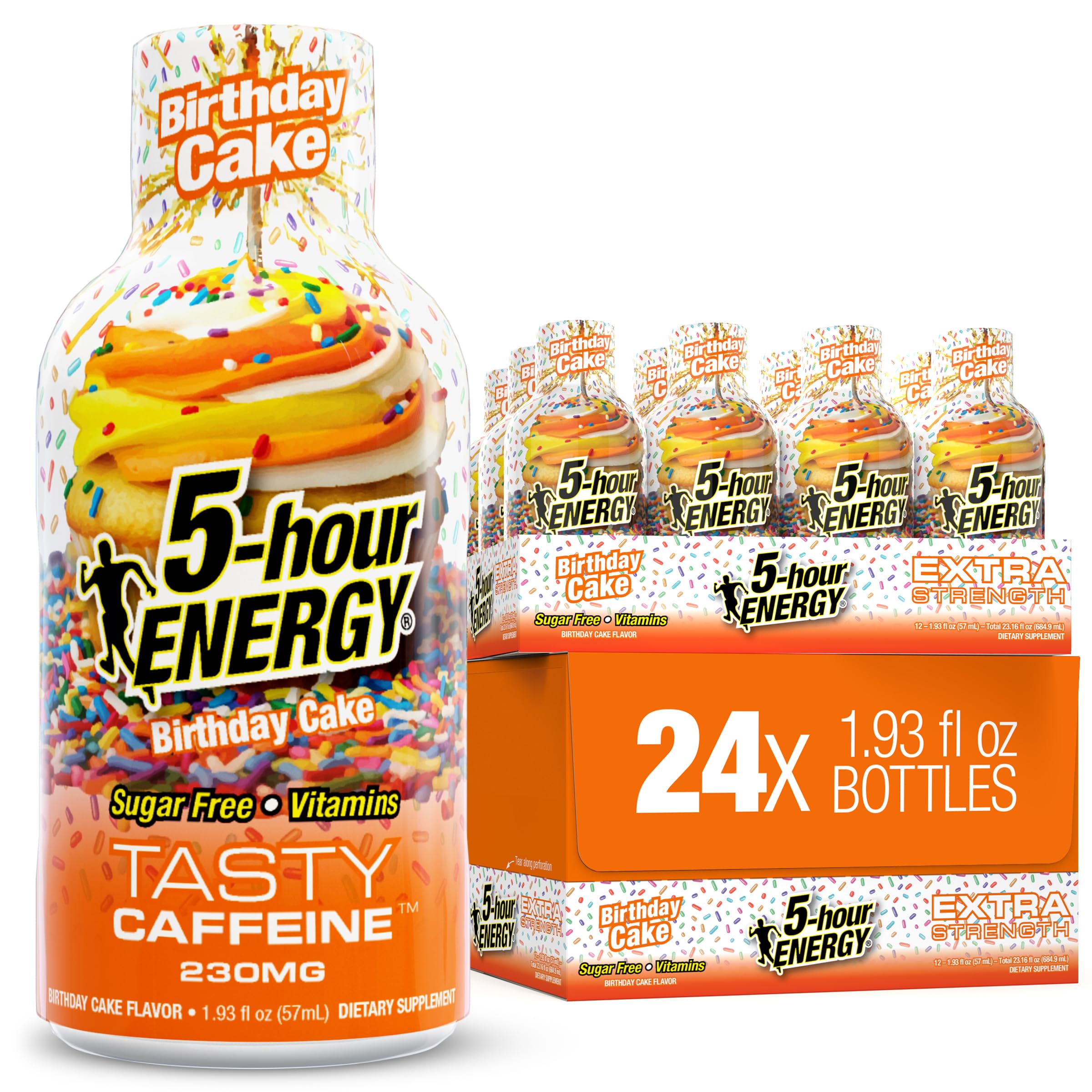 5-hour ENERGY frontal del envase mostrando sabor cumpleaños y conveniencia