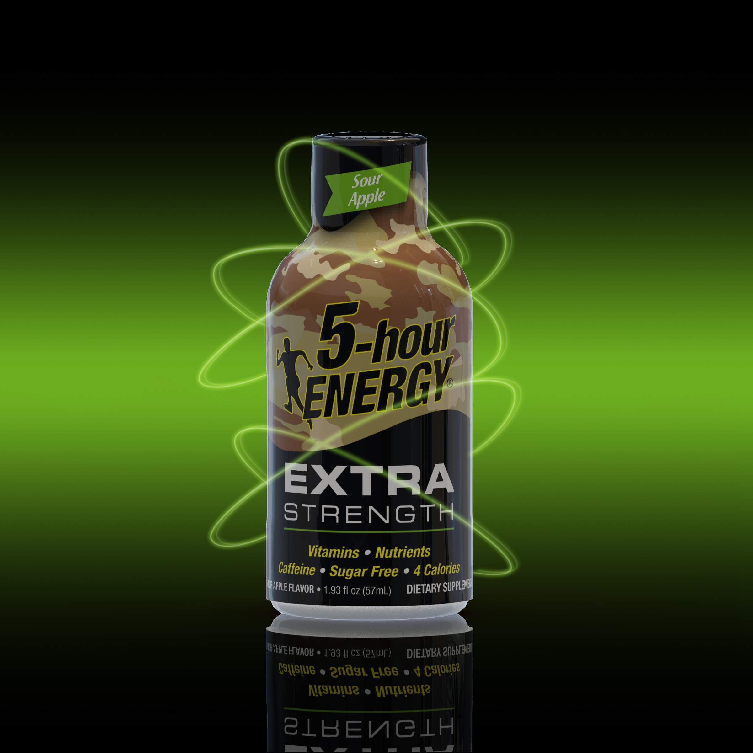 5-hour ENERGY botella individual mostrando sabor manzana y ventaja sin azúcar