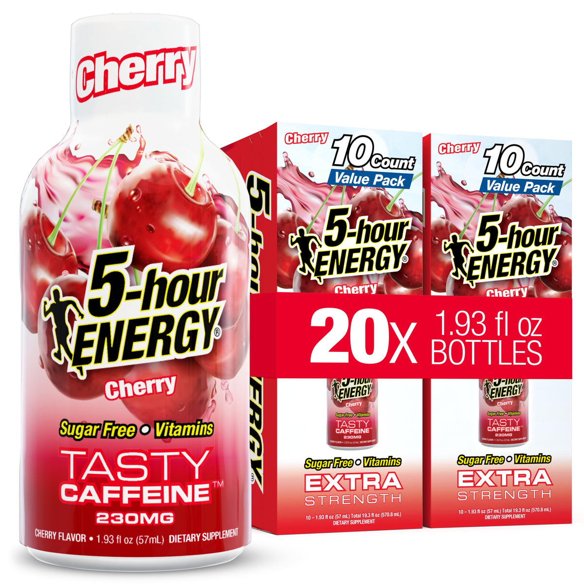 5-hour ENERGY frente del paquete con sabor cherry mostrando conveniencia