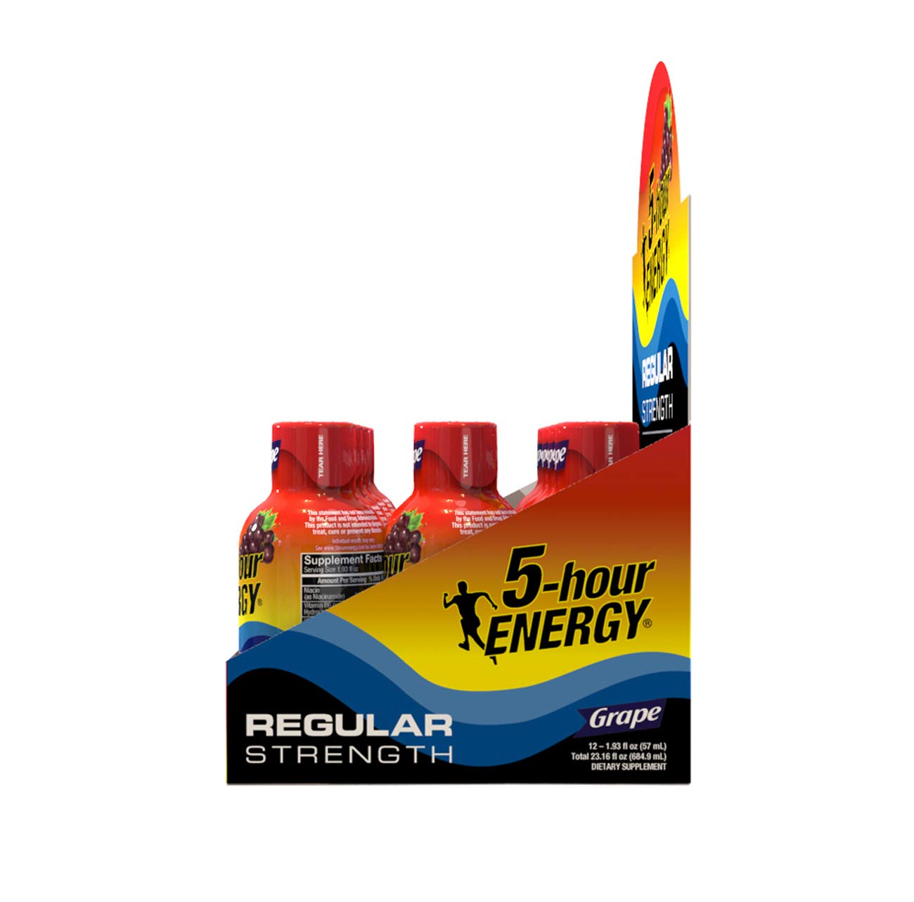 5-hour ENERGY etiqueta nutricional visible, información de cafeína y vitaminas