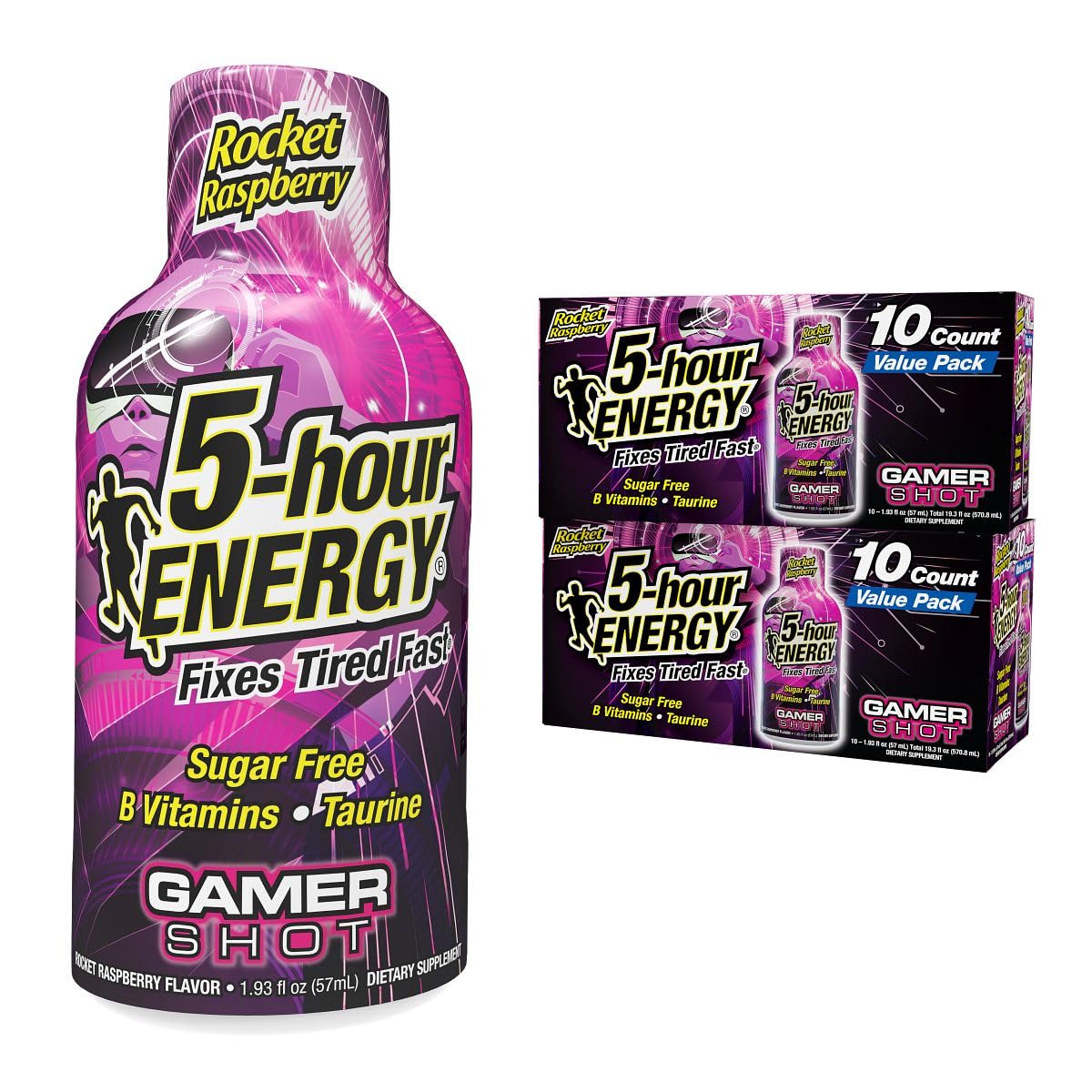 5-hour ENERGY frontal del envase mostrando sabor frambuesa y beneficio práctico