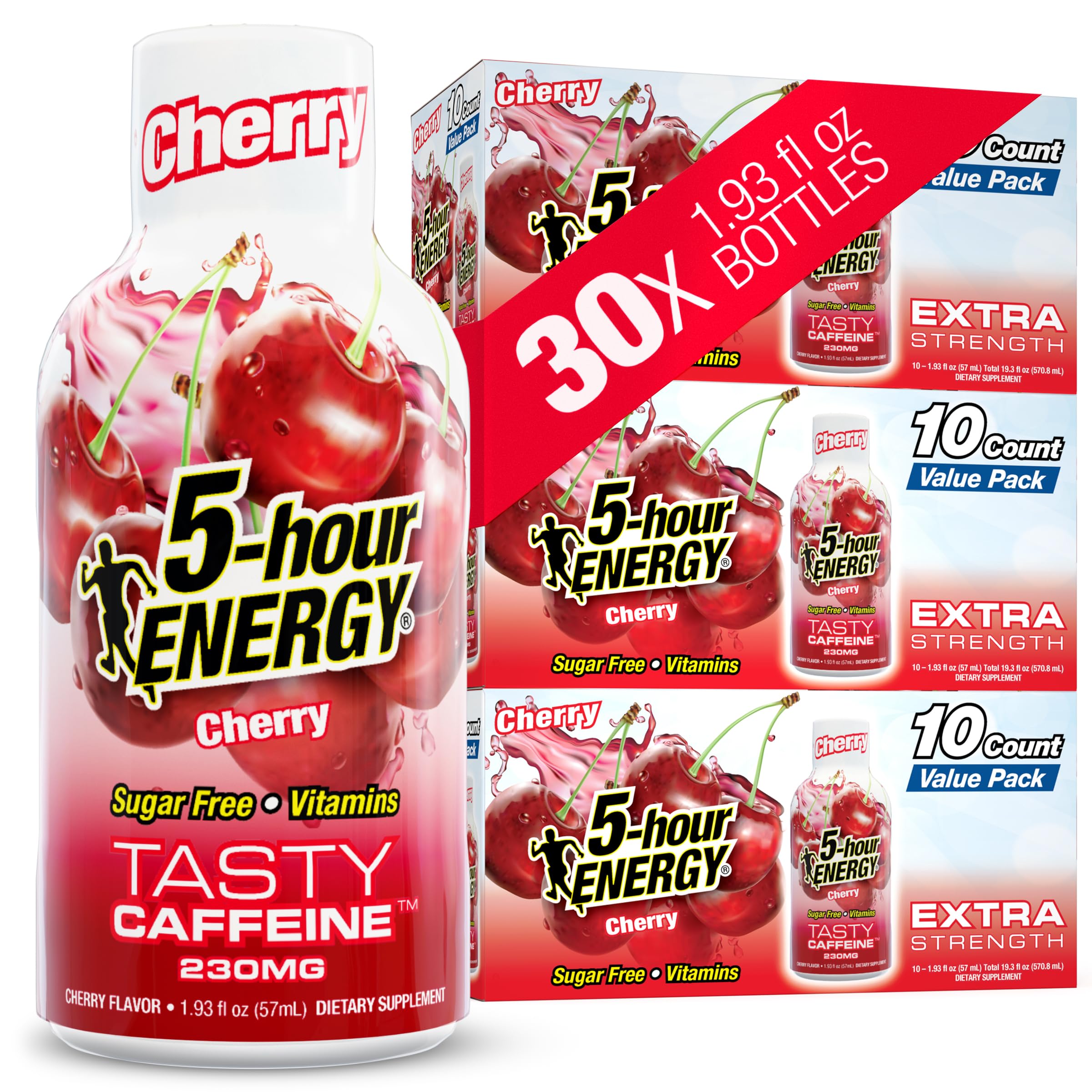 5-hour ENERGY frente del empaque mostrando sabor cereza y formato compacto