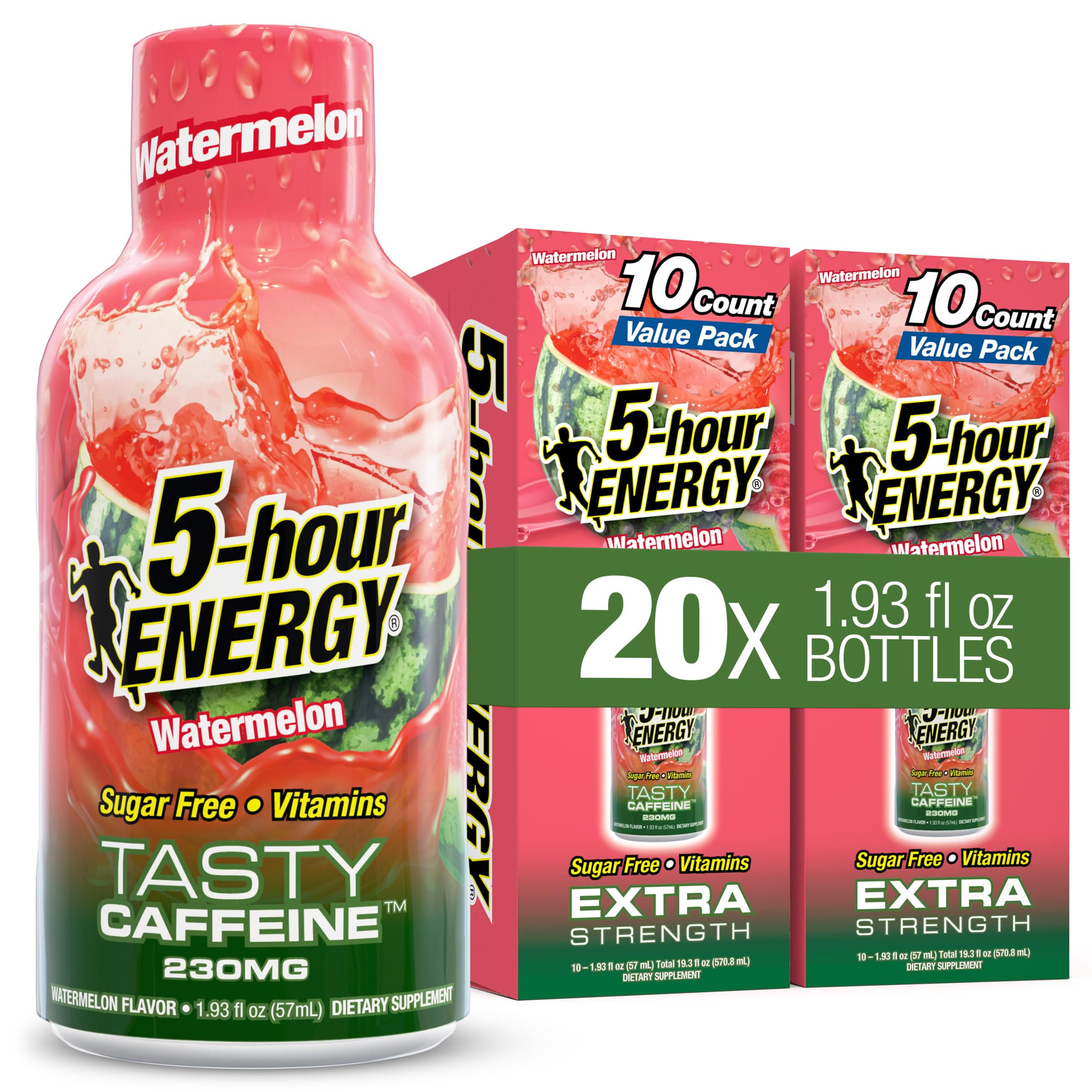 5-hour ENERGY frente del empaque mostrando 20 unidades y portabilidad