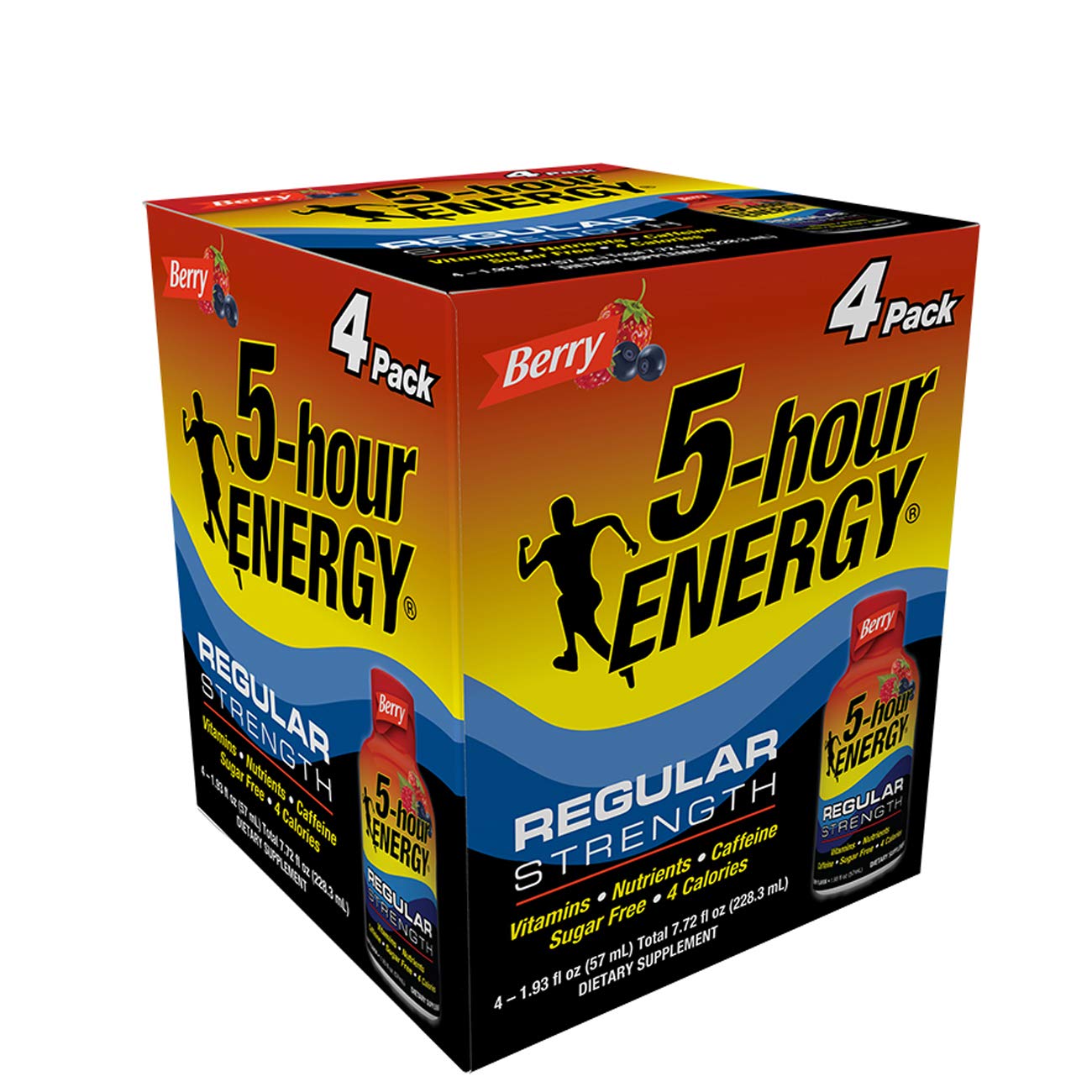 5-hour ENERGY frontal paquete de 4 berry con formato práctico y energía instantánea