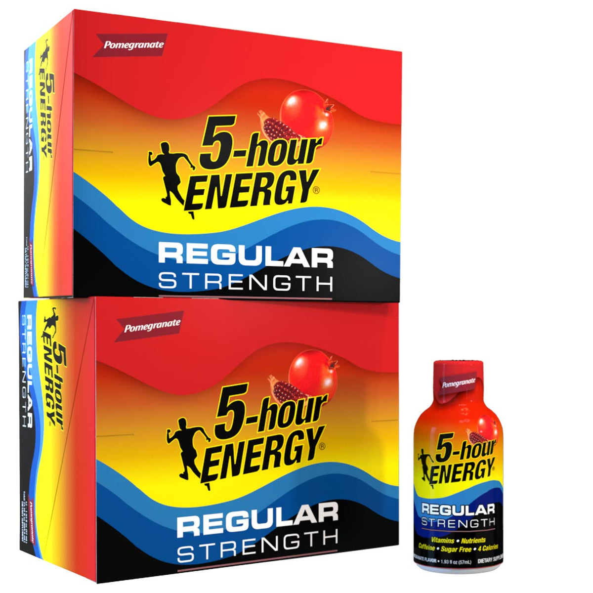 5-hour ENERGY vista frontal del envase Pomegranate que destaca conveniencia y sabor