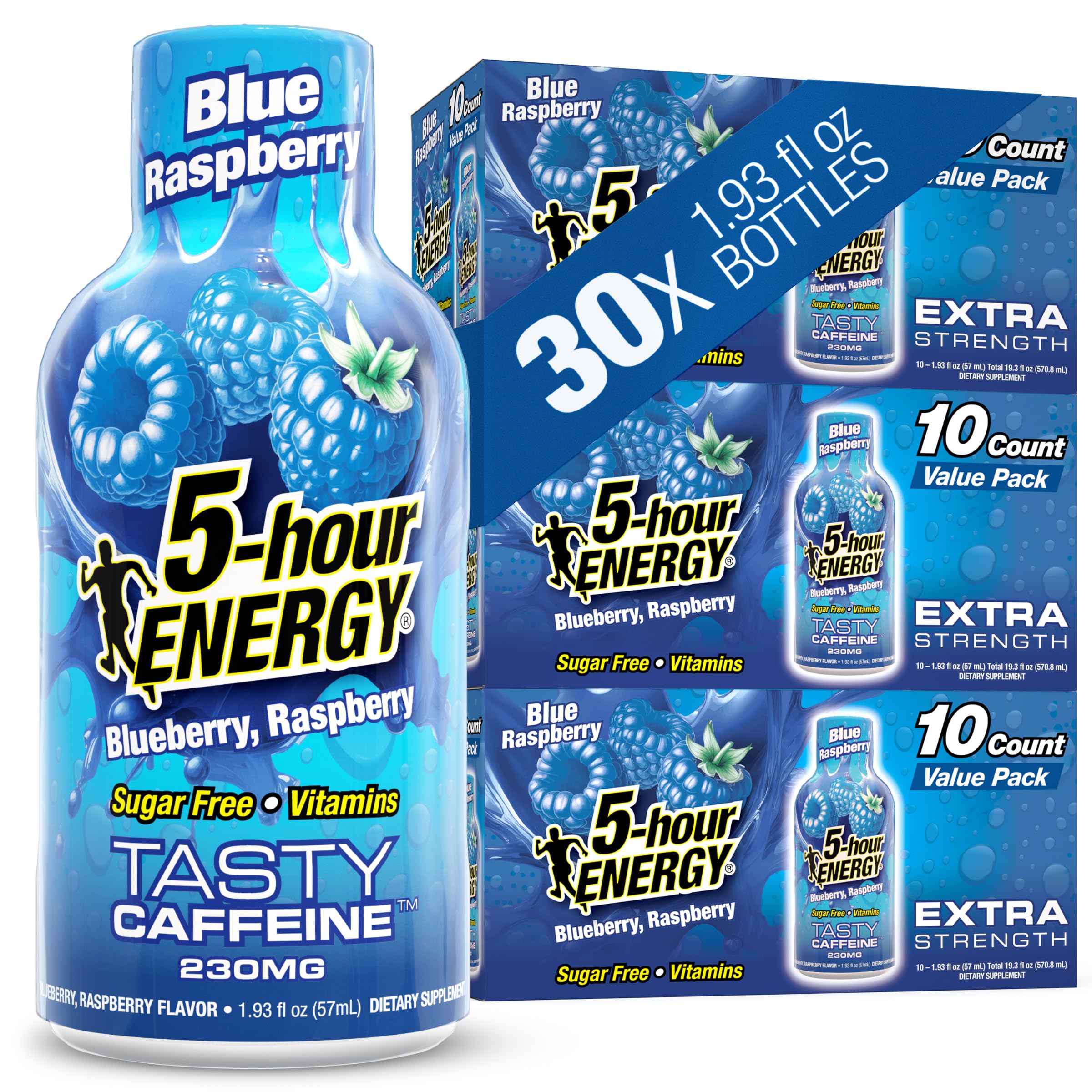 5-hour ENERGY frontal paquete Blue Raspberry mostrando conveniencia