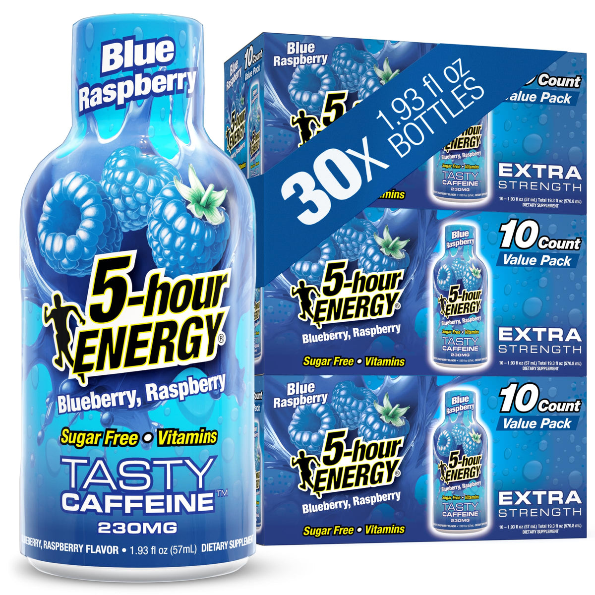 5-hour ENERGY frontal paquete Blue Raspberry mostrando conveniencia