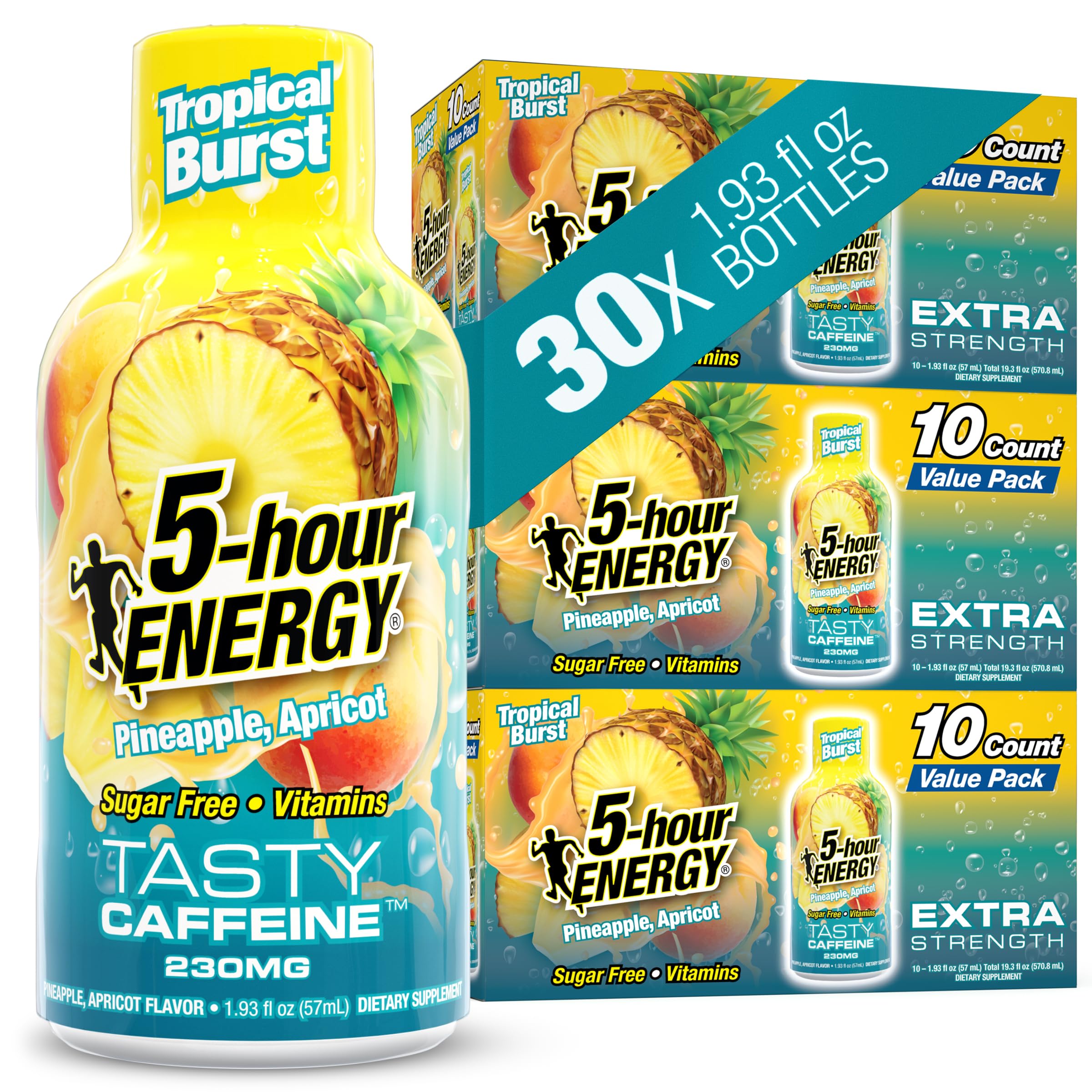 5-hour ENERGY frontal del envase Tropical Burst mostrando sabor y conveniencia