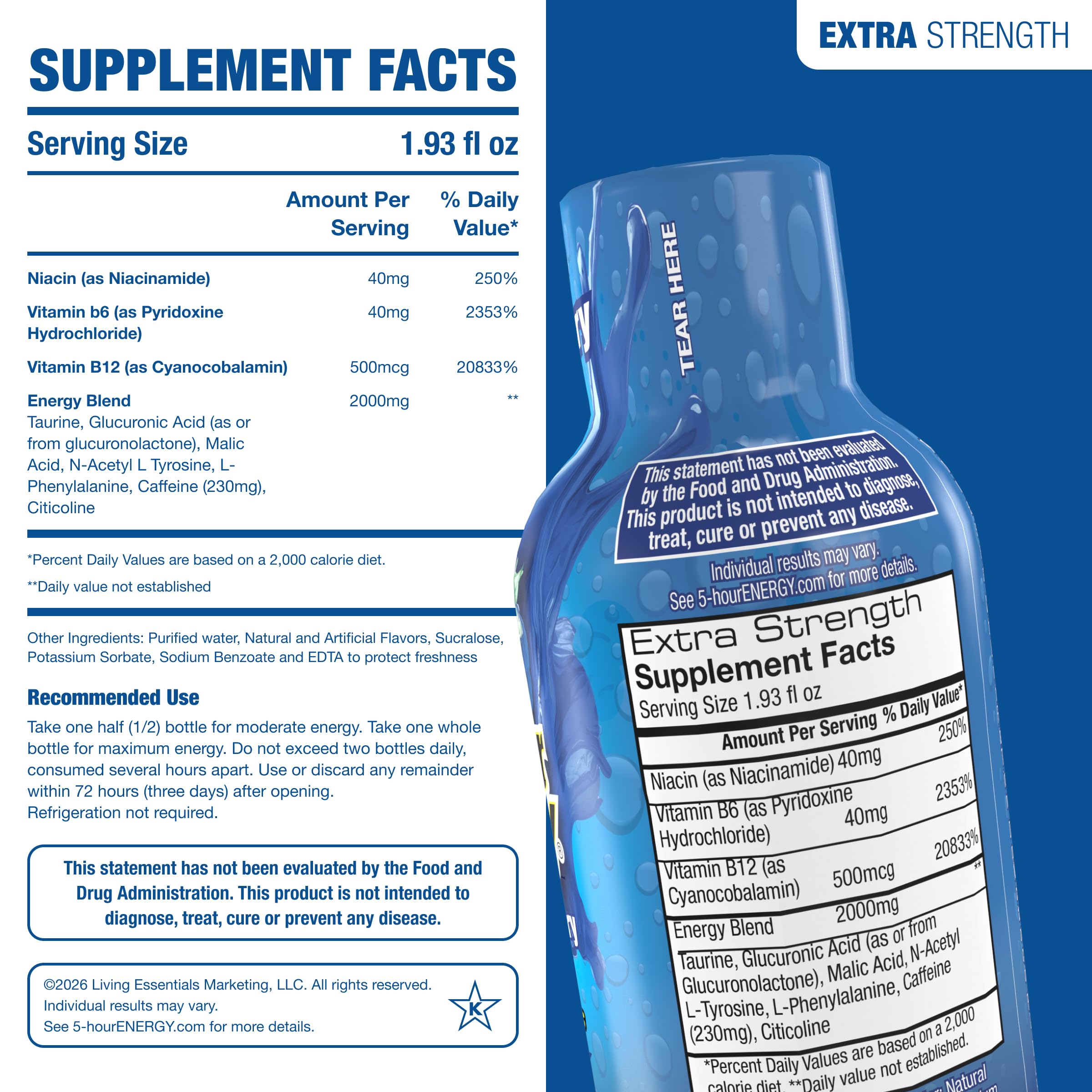 5-hour ENERGY botella abierta mostrando el contenido listo para beber