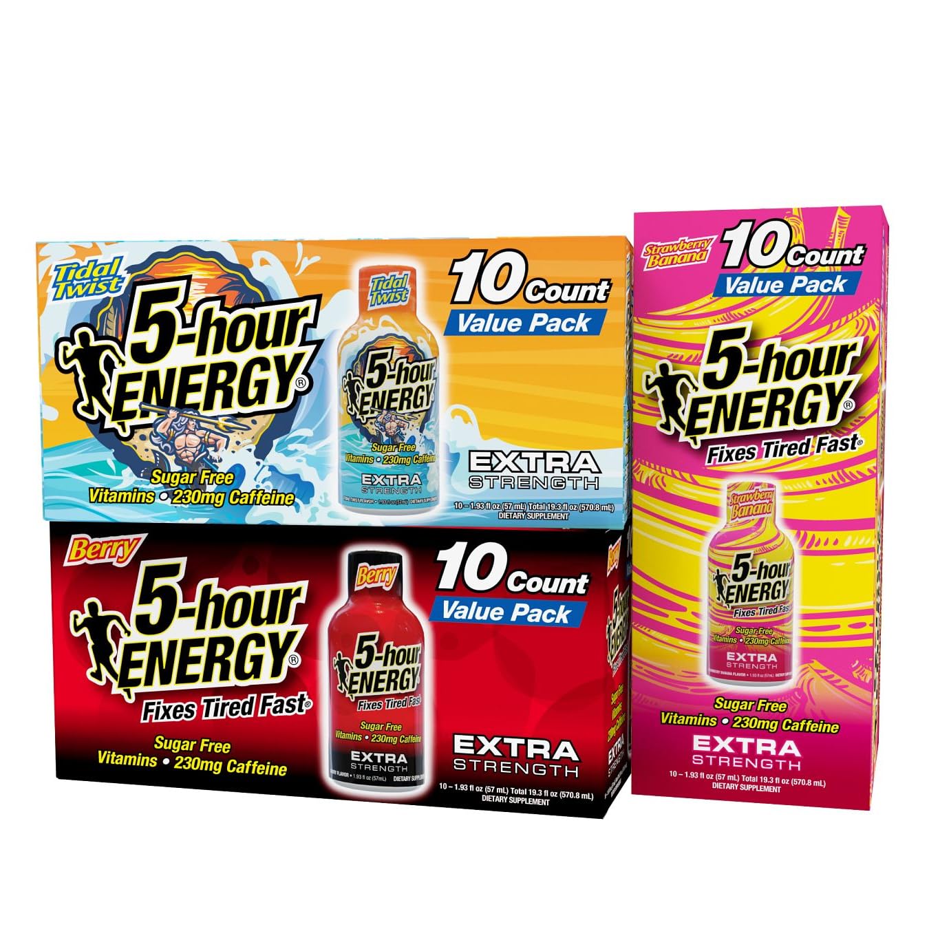 5-hour ENERGY vista frontal del pack con sabores variados y conveniencia
