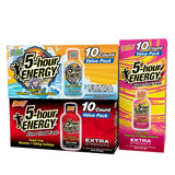 5-hour ENERGY vista frontal del pack con sabores variados y conveniencia