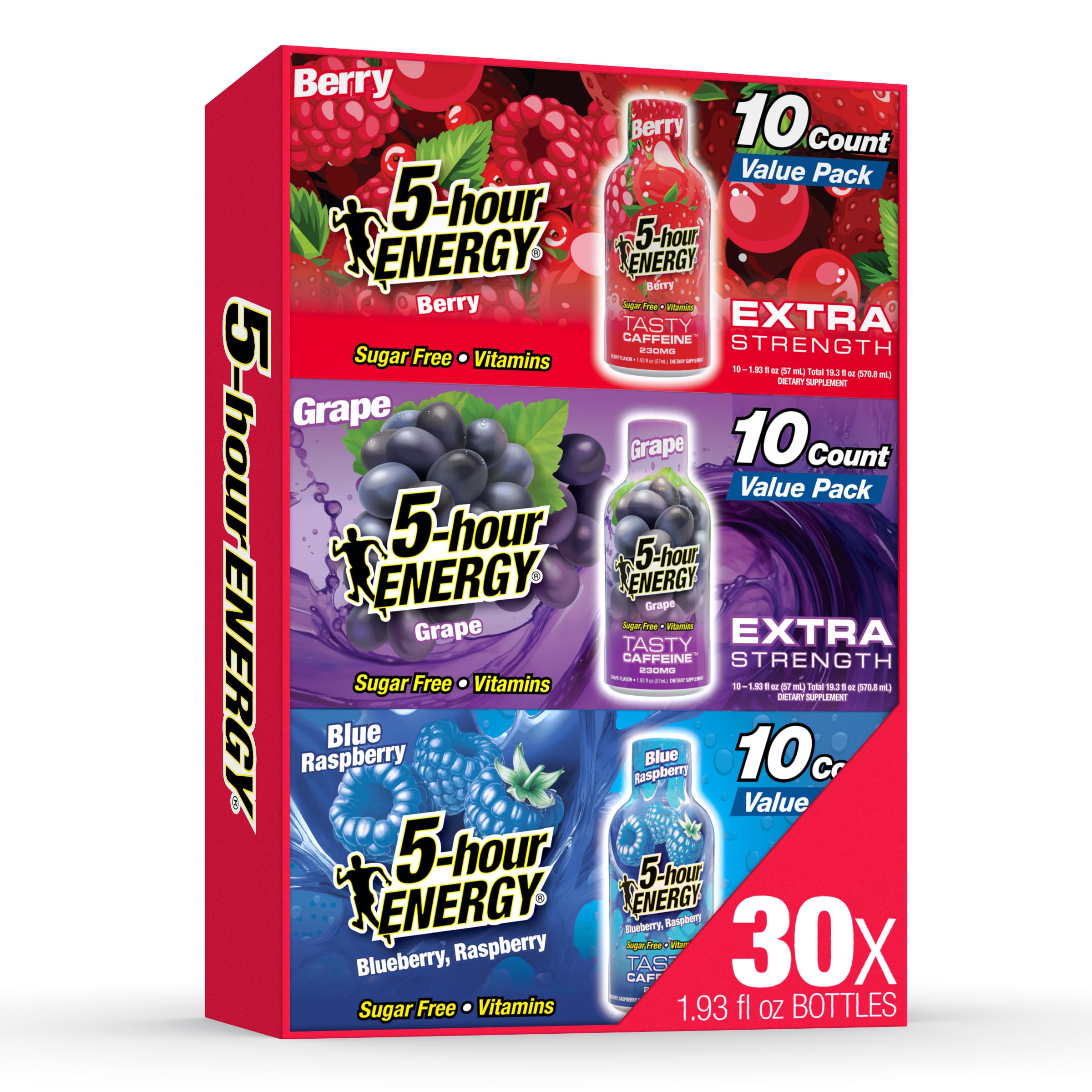5-hour ENERGY paquete frontal mostrando variedad y conveniencia