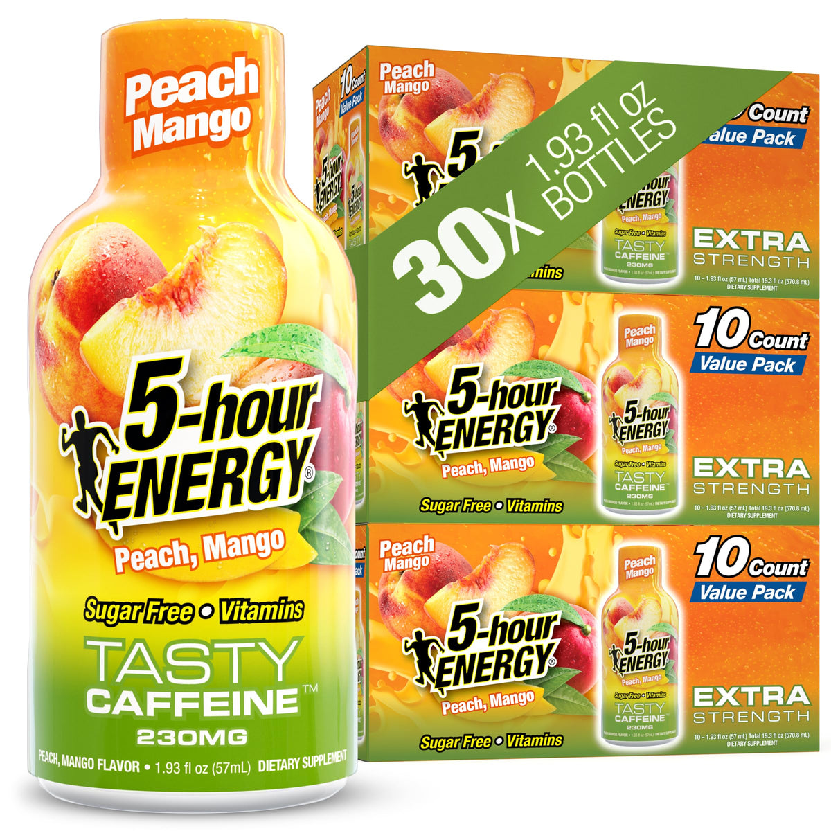 5-hour ENERGY vista frontal del envase muestra sabor durazno mango y energía rápida