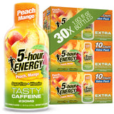 5-hour ENERGY vista frontal del envase muestra sabor durazno mango y energía rápida