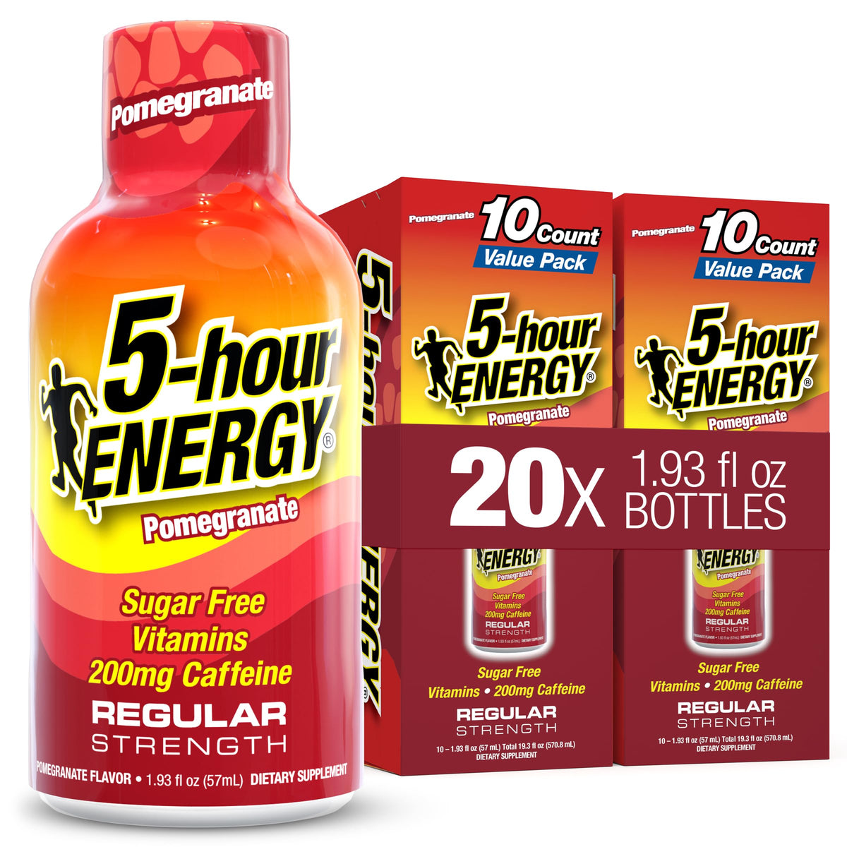 5-hour ENERGY frente del empaque mostrando caja de 20 unidades, conveniente