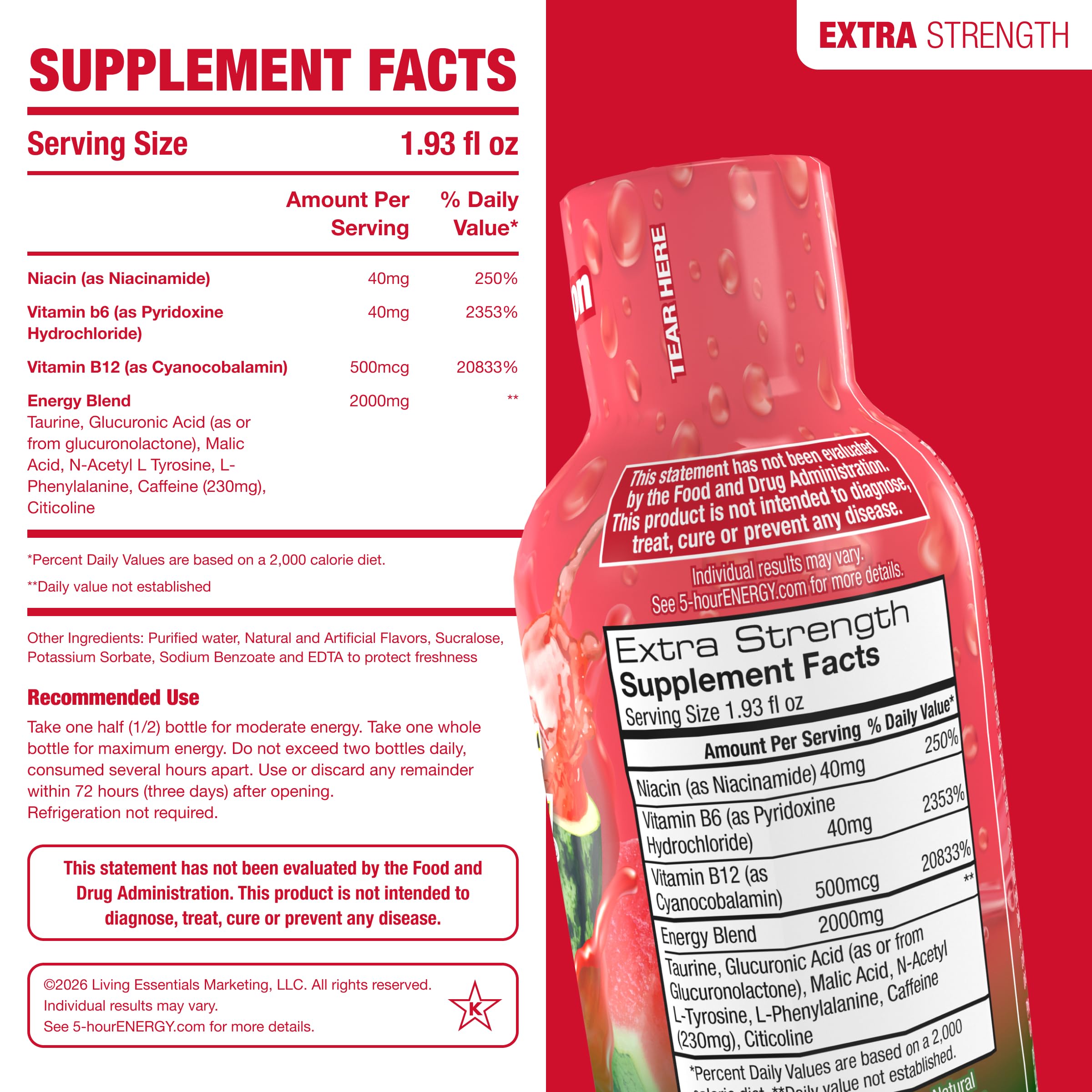 5-hour ENERGY shot en mano para escala que muestra tamaño compacto