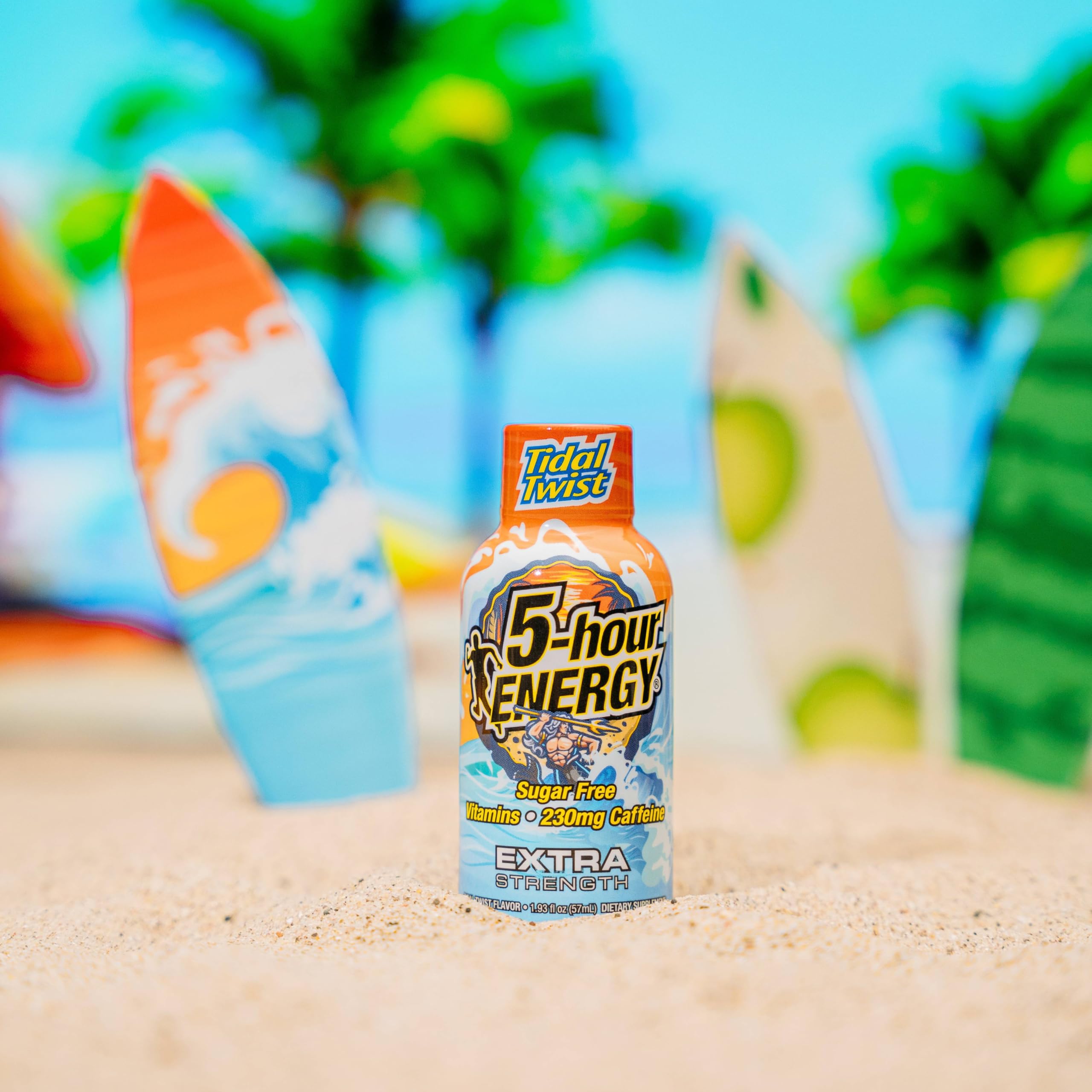 5-hour ENERGY detalle del líquido enfatizando sabor Tidal Twist y calidad