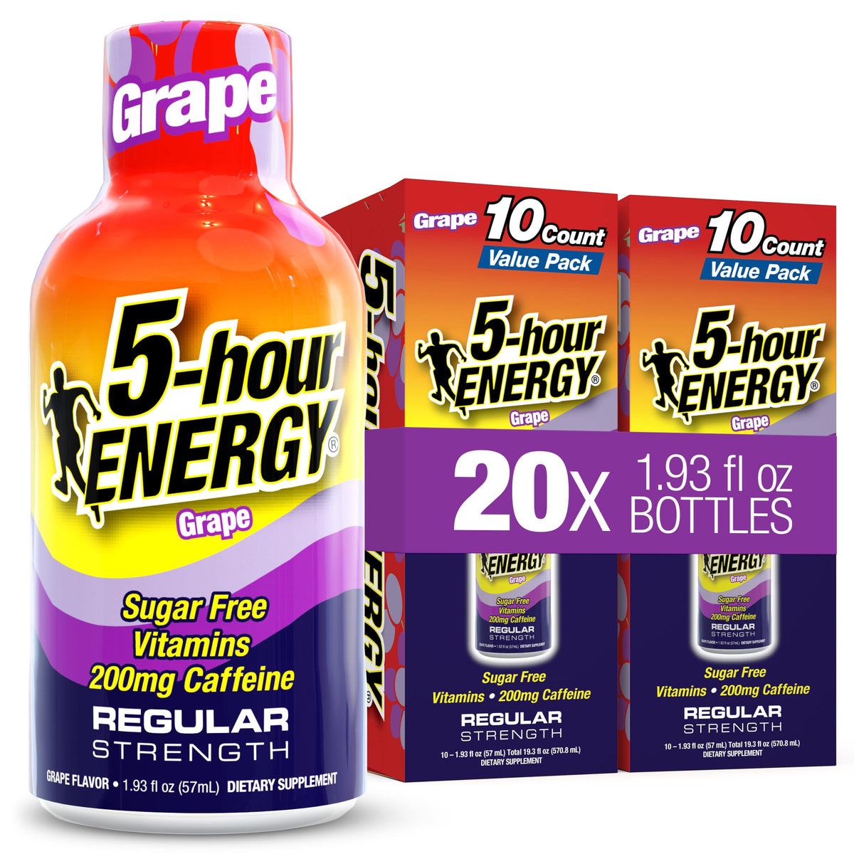 5-hour ENERGY vista frontal del frasco Uva mostrando tamaño portátil y sabor