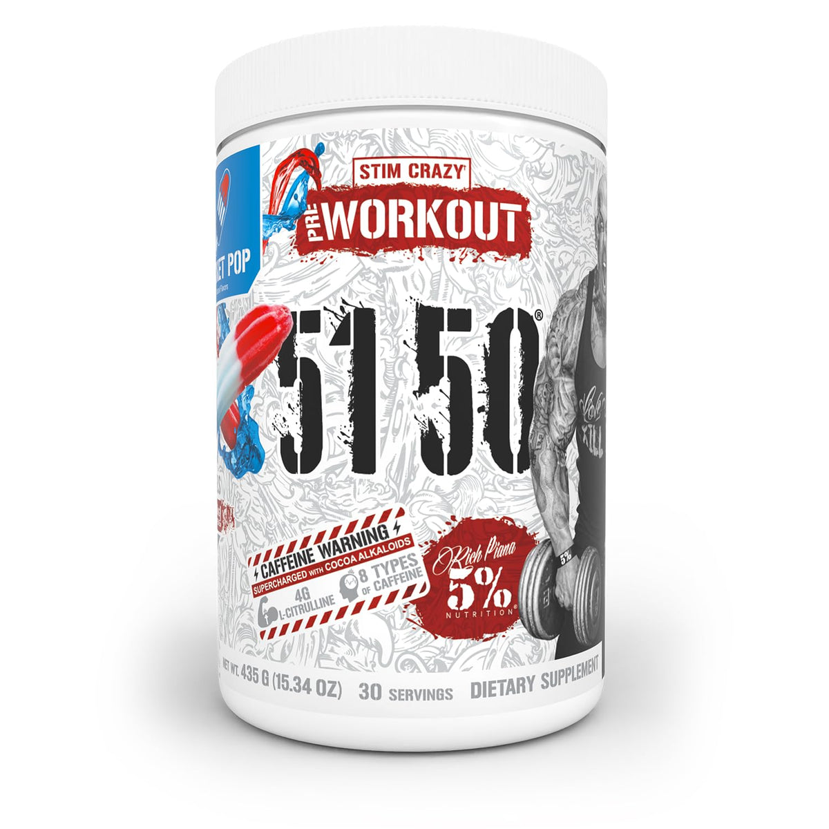 5% Nutrition frasco 5150 Rocket Pop mostrando envase y beneficio energético