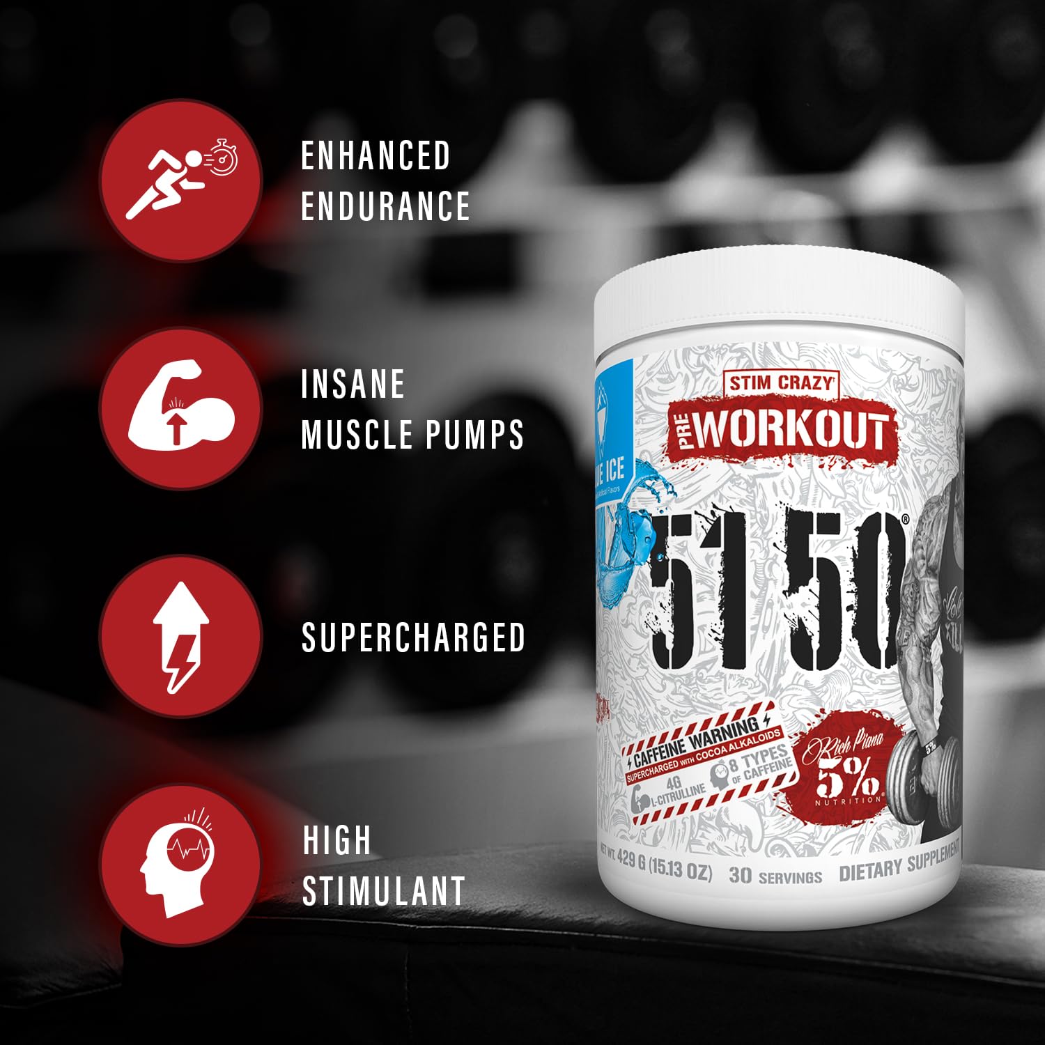 5% Nutrition 5150 vaso mezclado mostrando energía y preparación rápida