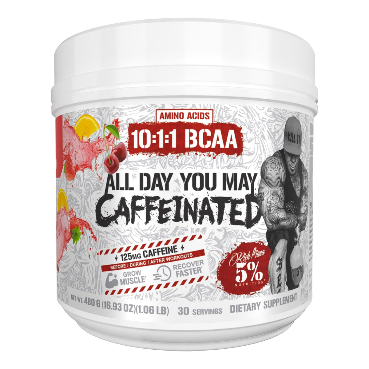 5% Nutrition bote AllDayYouMay Fruit Punch mostrando el frente y marca para identificación rápida