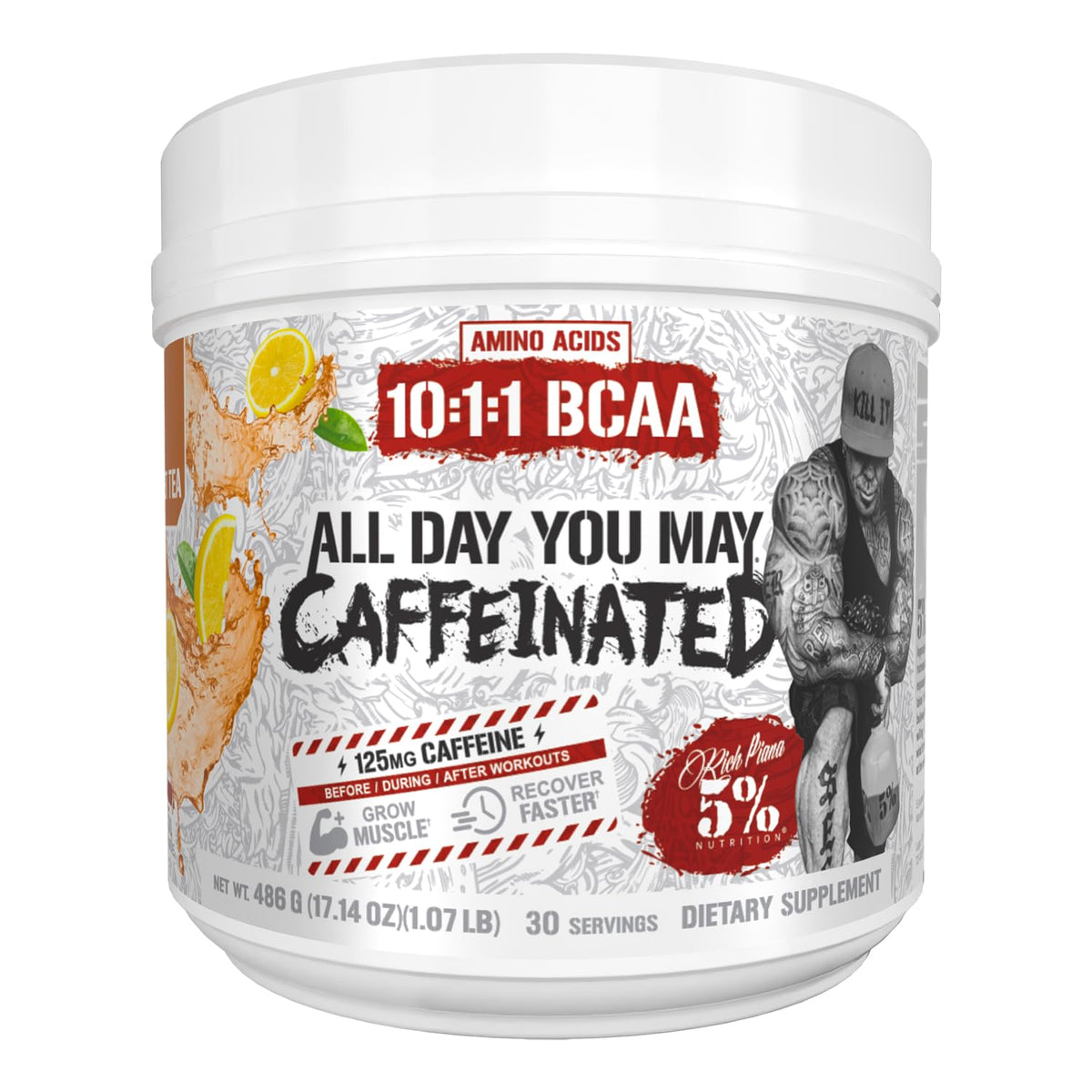 5% Nutrition vista frontal del envase Southern Sweet Tea con beneficios claros