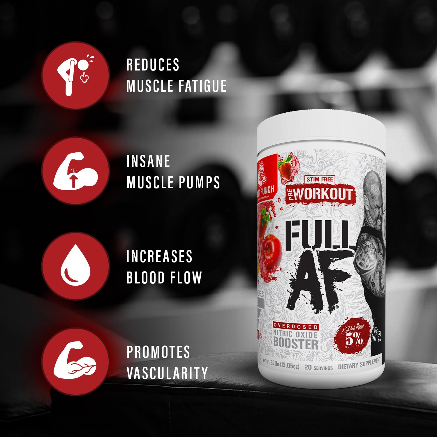 5% Nutrition envase FullAF junto a cuchara para referencia de tamaño