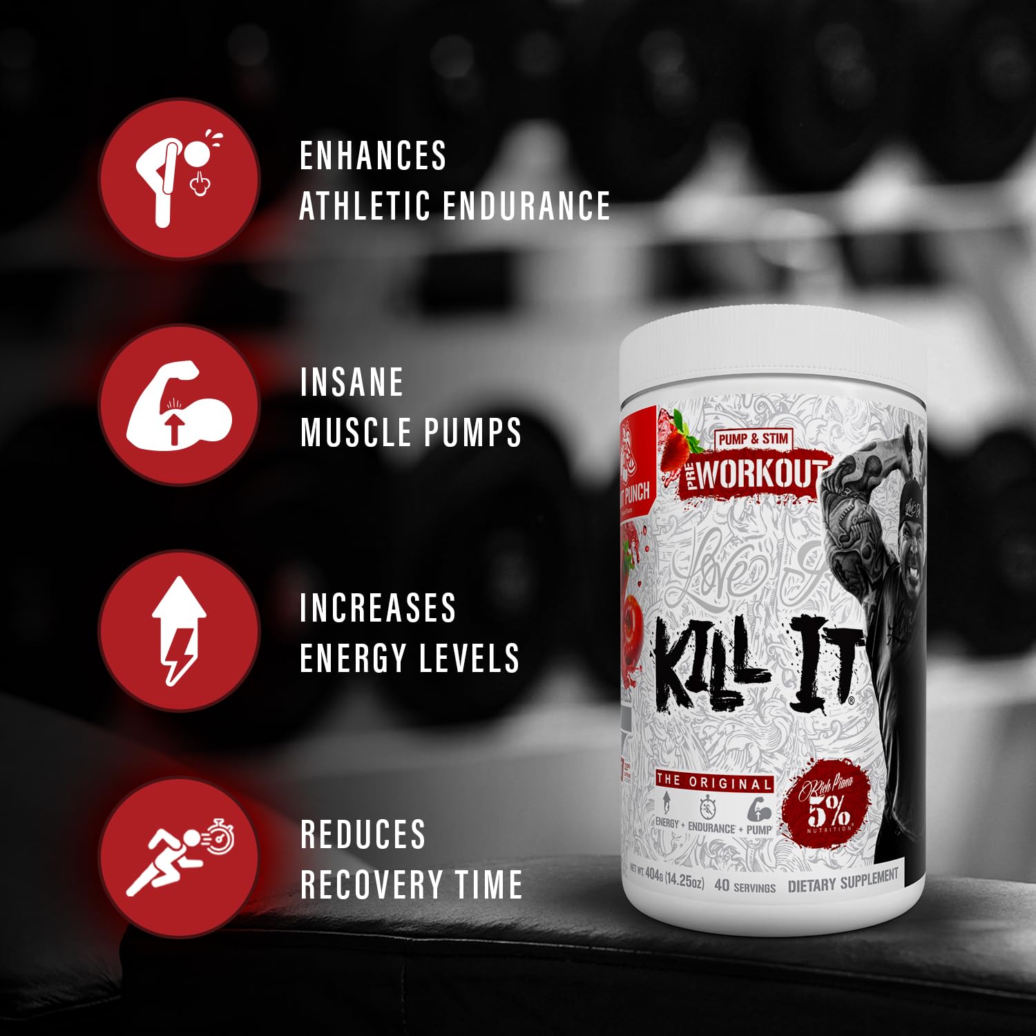 5% Nutrition cucharada con Kill It mostrando dosificación práctica