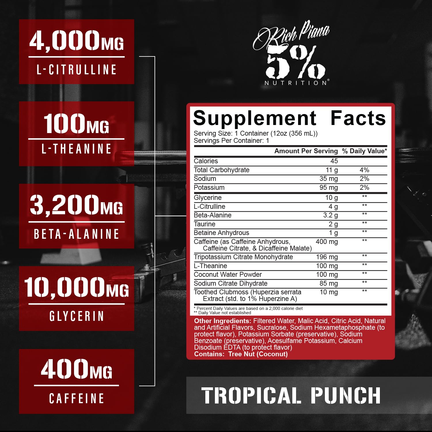 5% Nutrition líquido y espuma demostrando mezcla y sabor Tropical Punch