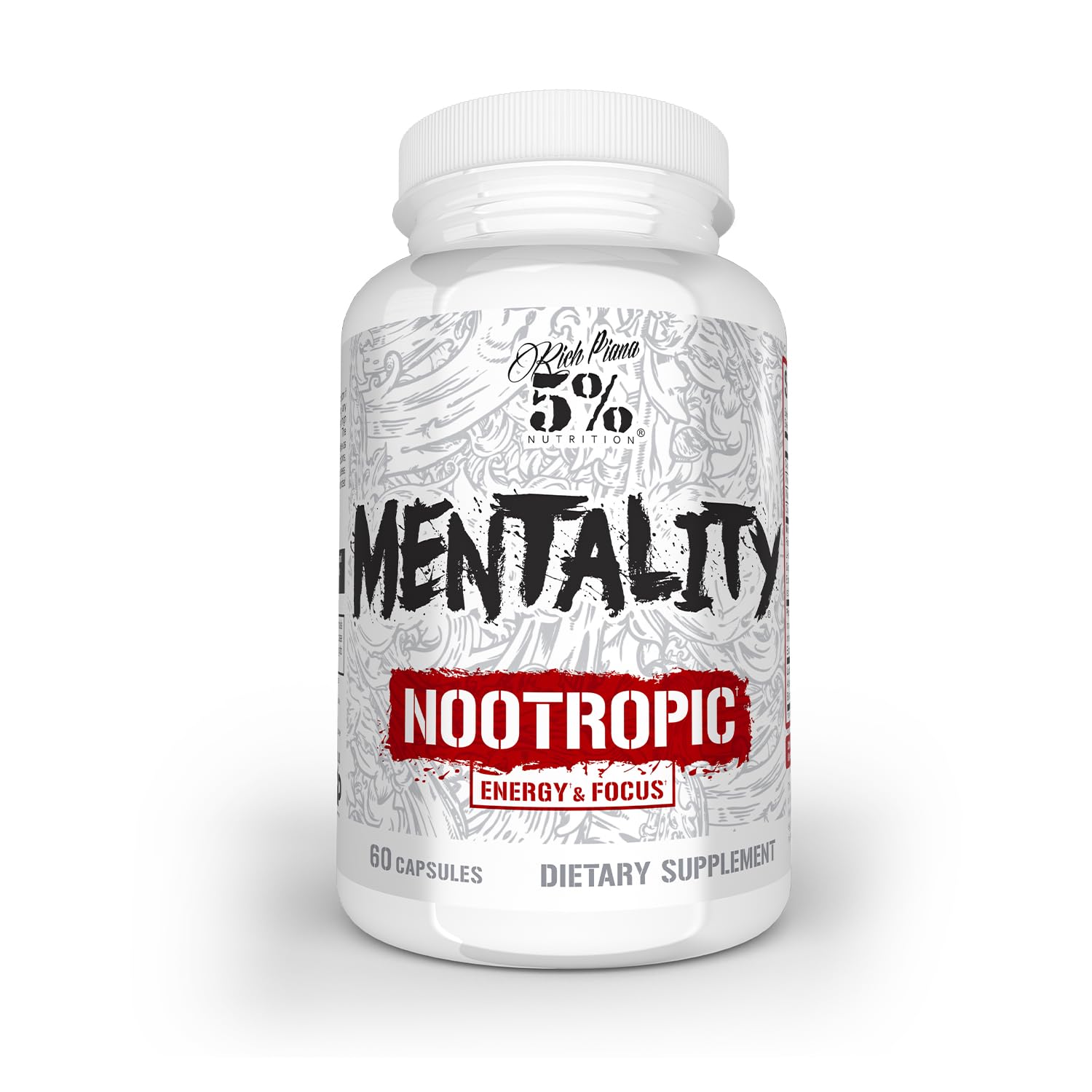 5% Nutrition Mentality frente del envase mostrando diseño y dosis, conveniente para foco