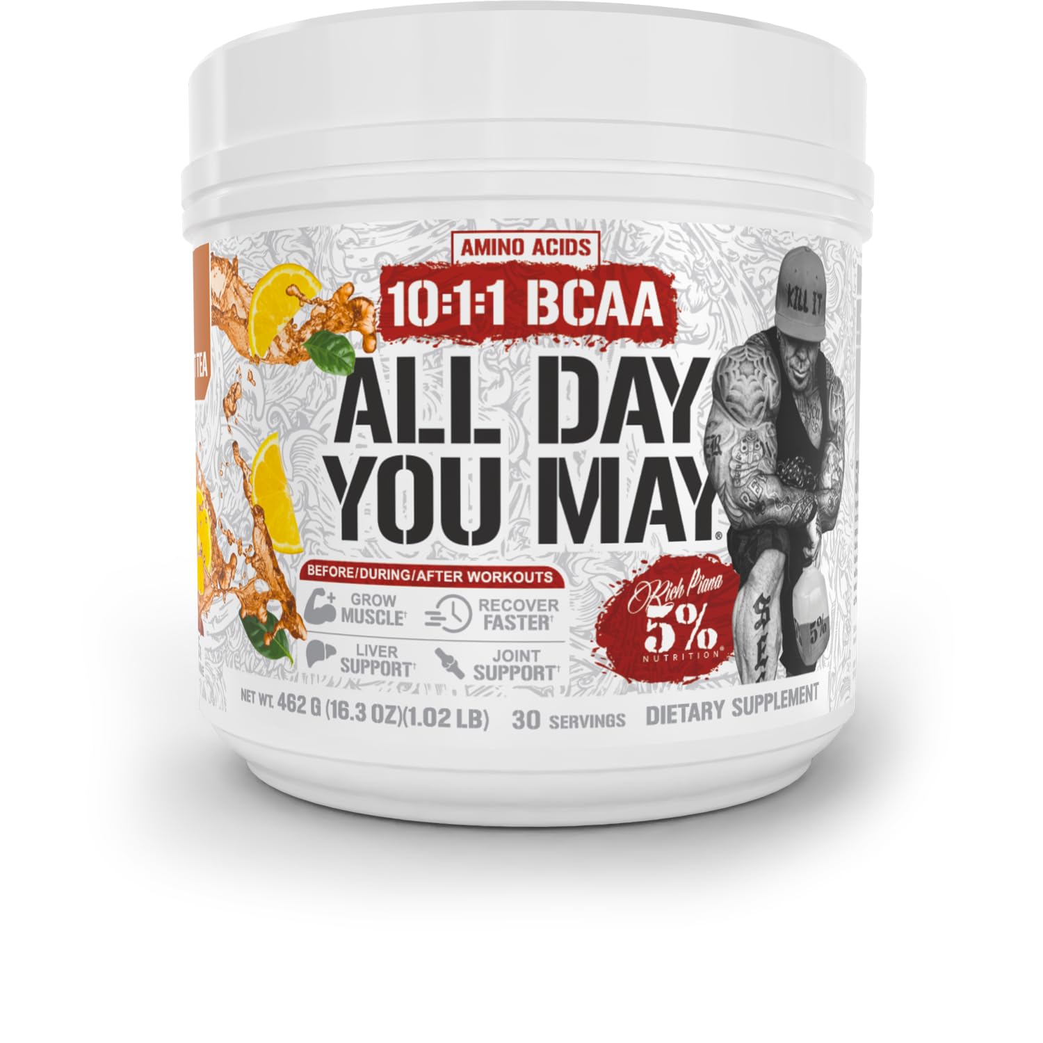 5% Nutrition frasco frontal Southern Sweet Tea mostrando marca y fórmula para recuperación