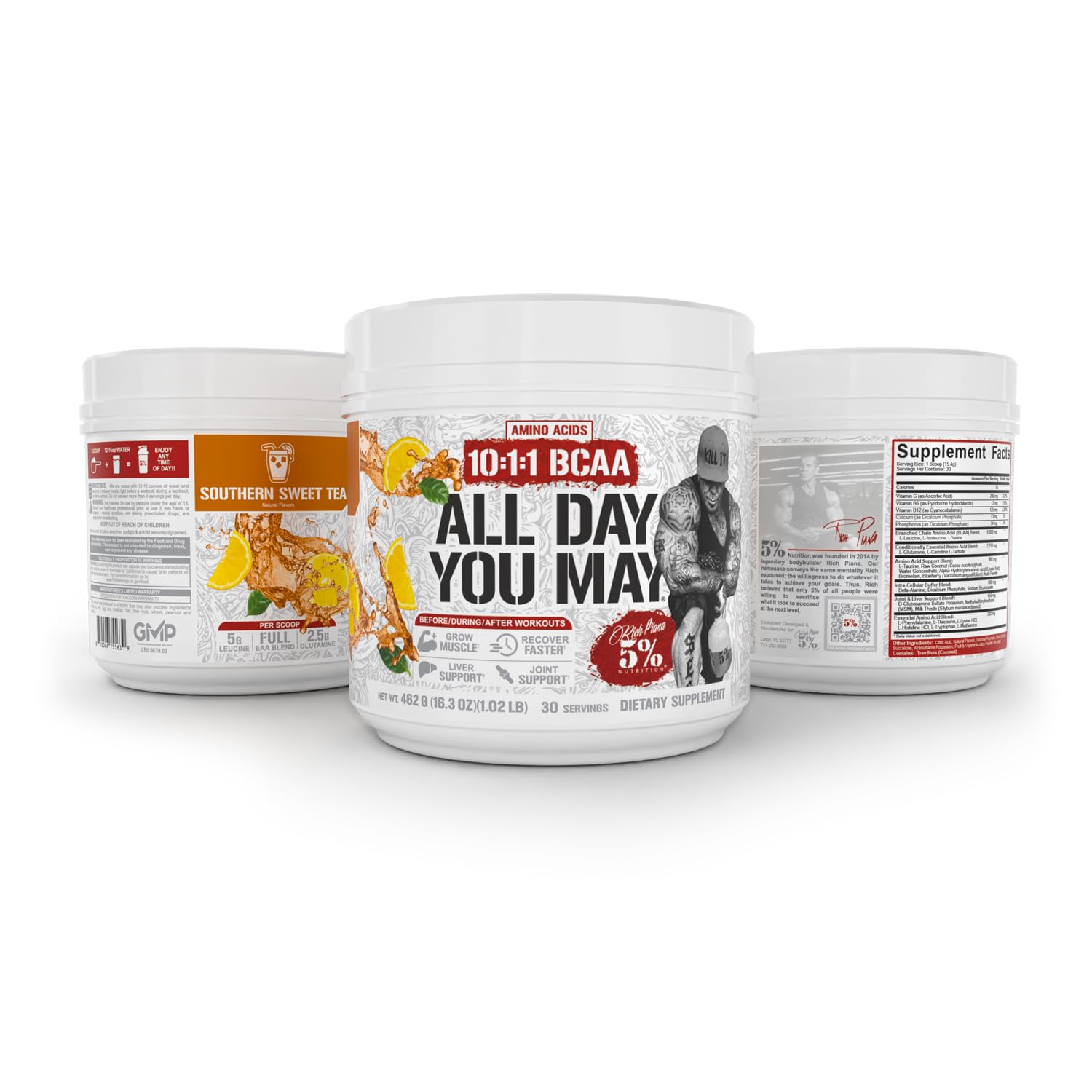 5% Nutrition frasco en mano para comparar tamaño y porciones del producto